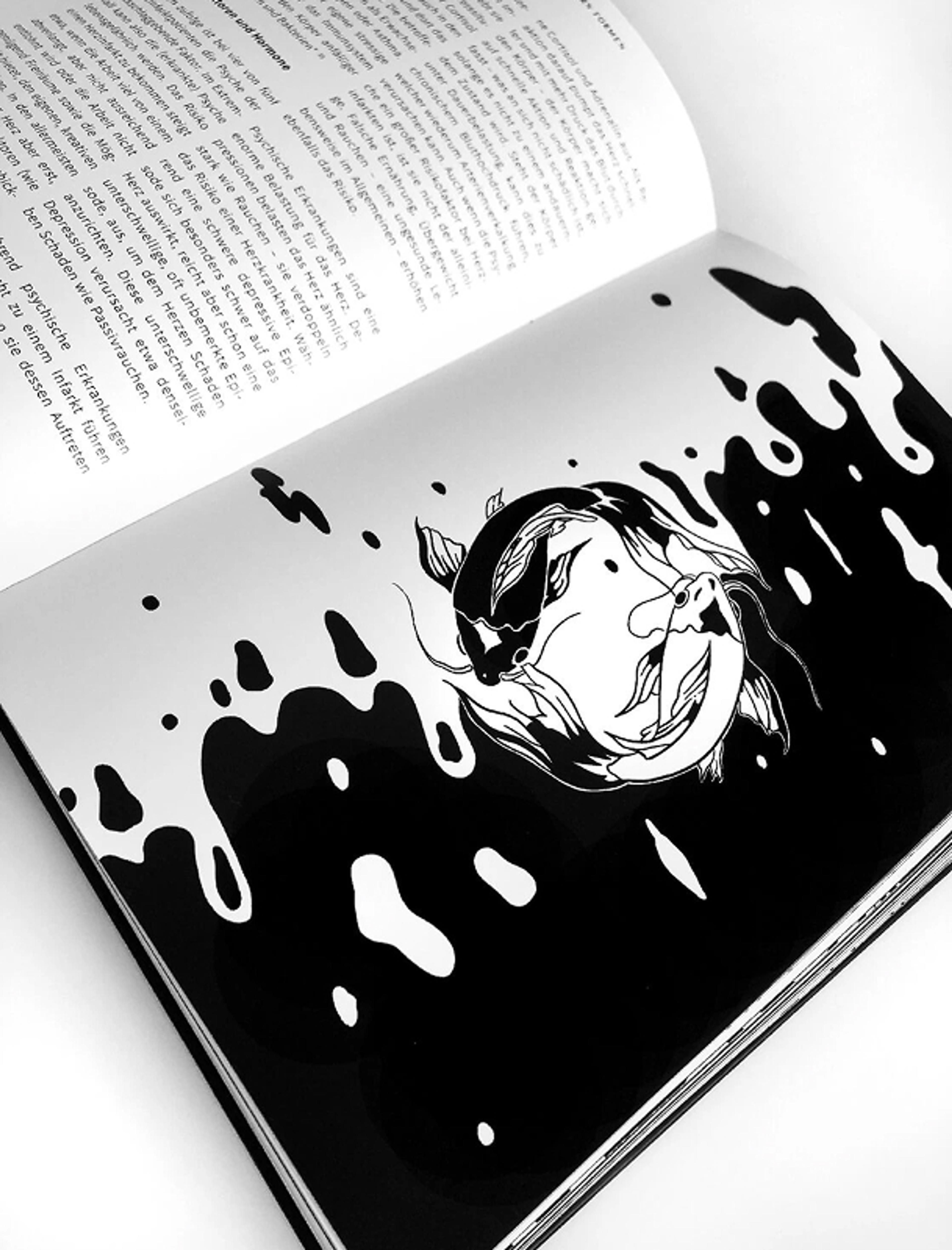 Eine Buchseite zeigt eine schwarz-weiße Illustration von zwei Fischen, deren Körper sich ineinander verflechten und mit abstrakten, fließenden Formen verschmelzen. Die Darstellung könnte innere Konflikte, psychische Dualität oder emotionale Zerrissenheit symbolisieren.