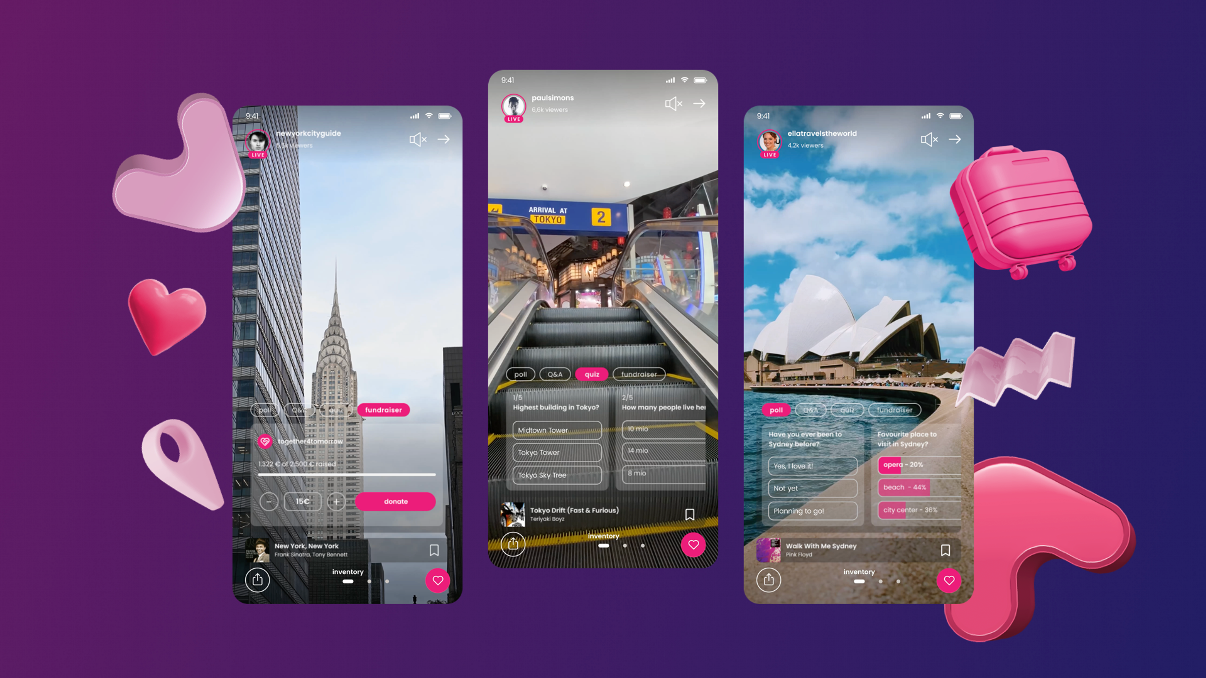 Livestreams with Vinivia App around the world – New York,USA, Sydney, Australia.