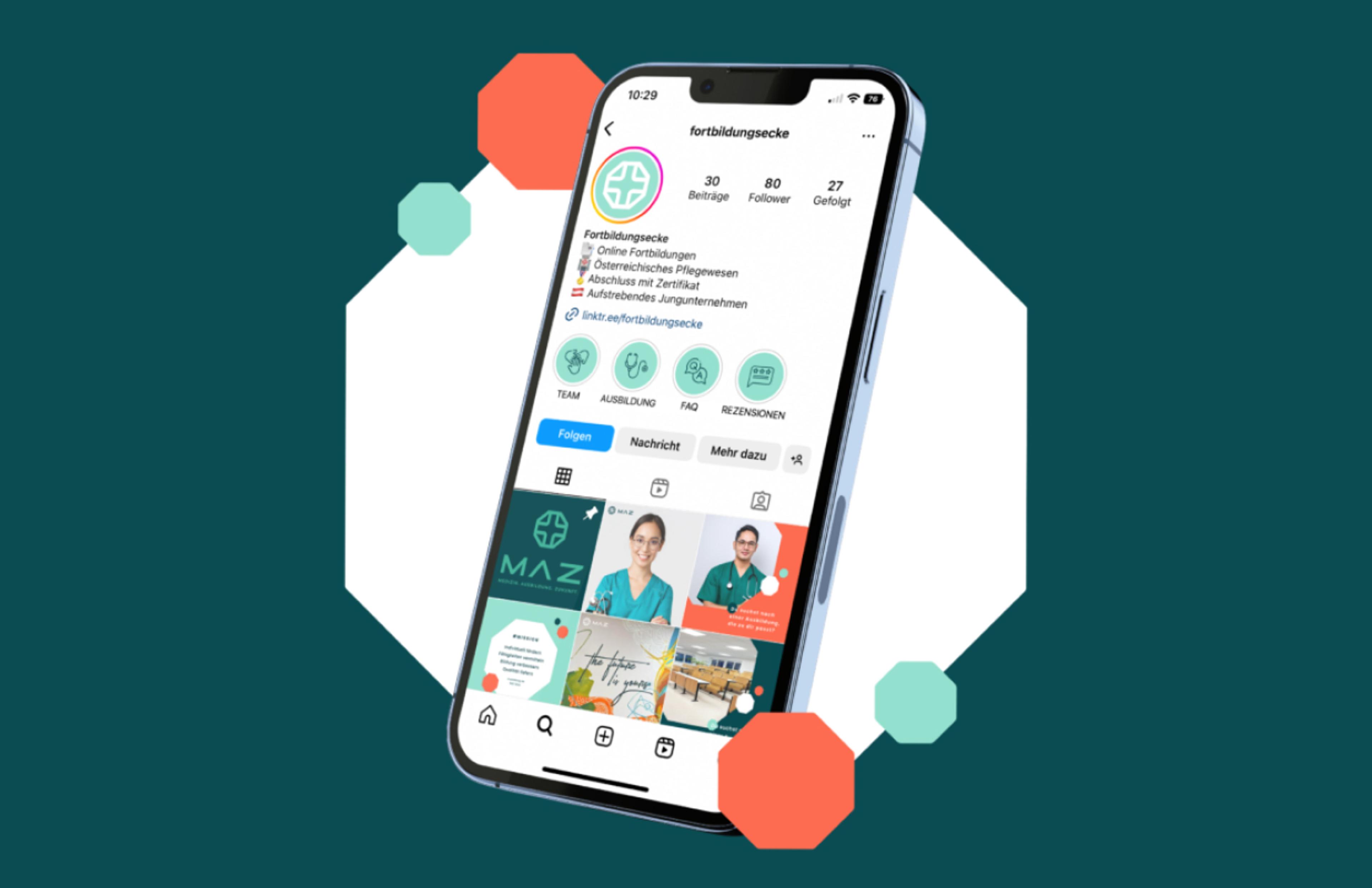 Instagram-Account von MAZ – Medizinisches Ausbildungszentrum Graz, mit visuell einheitlichem Branding. Digitale Markenstrategie für medizinische Weiterbildung.