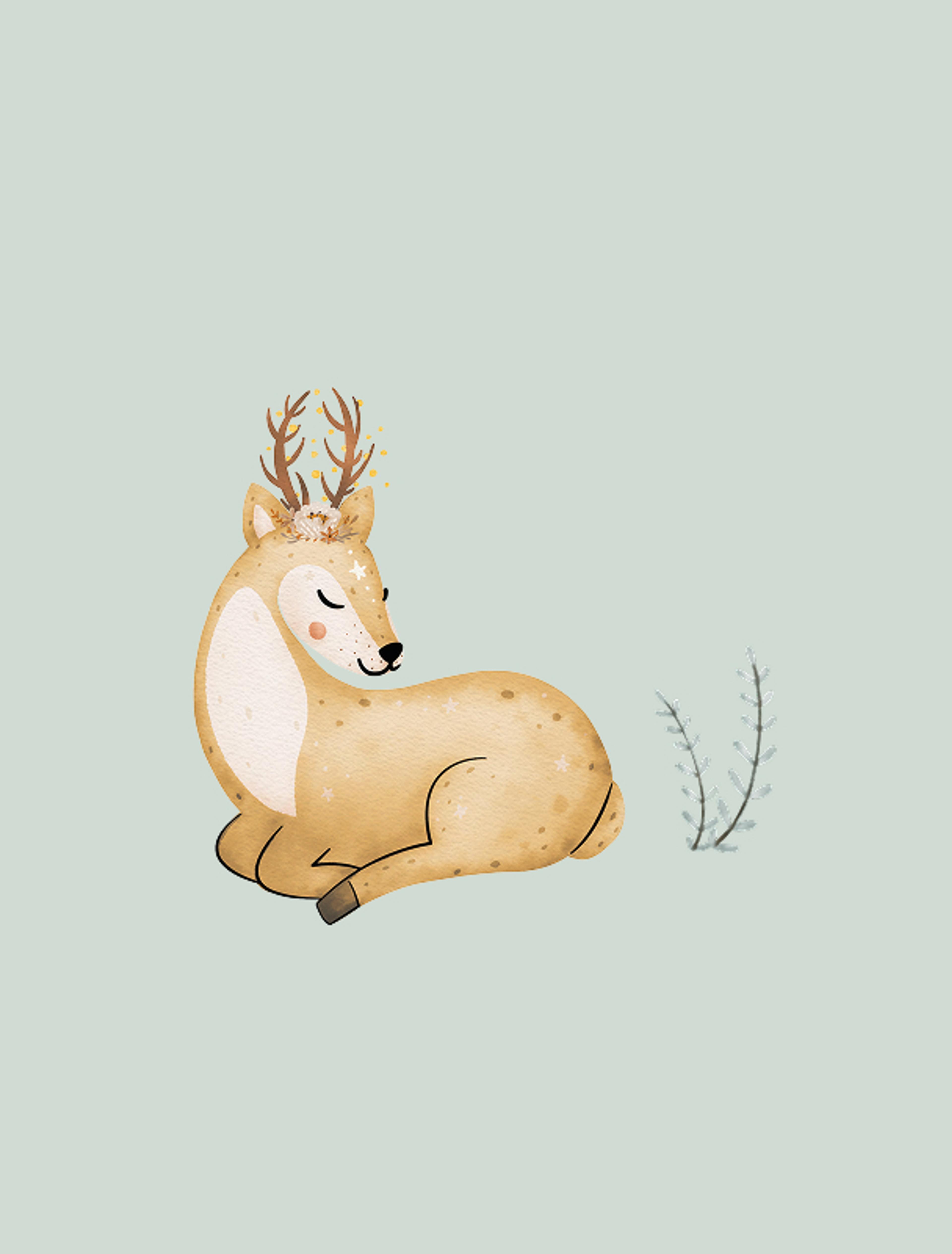 Ruhendes Rehkitz – Ein verträumtes, goldenes Reh mit feinen Details und filigranem Geweih, friedlich liegend auf einem pastellgrünen Hintergrund.