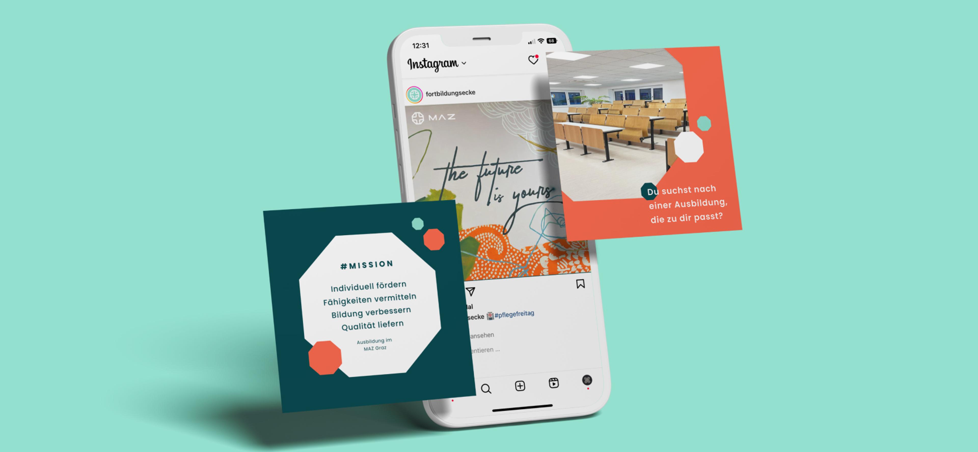 Smartphone mit geöffnetem Instagram-Profil des MAZ Graz, dazu zwei schwebende Social-Media-Postings. Social Media Kampagne für medizinische Bildung.
