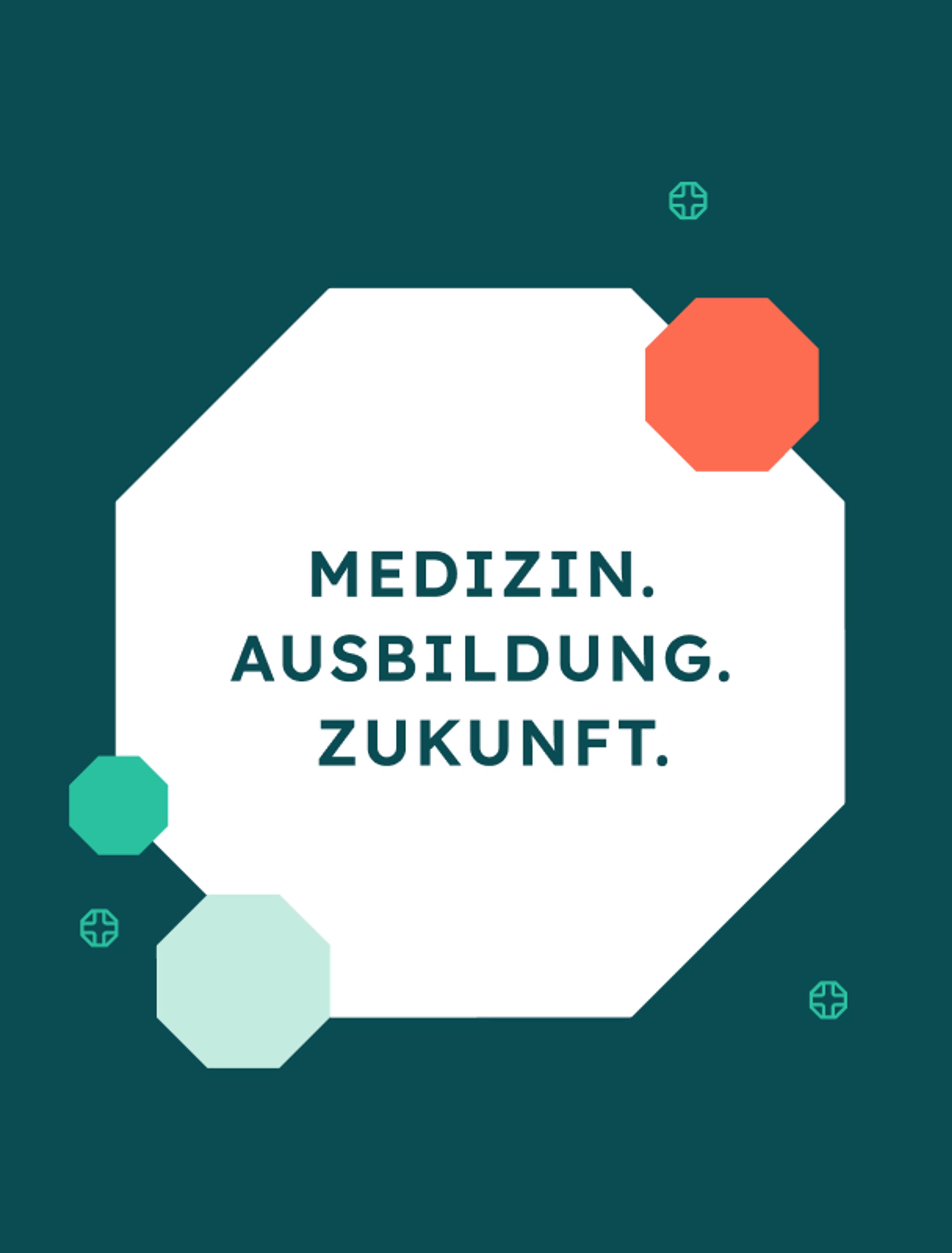 Typografisches Design mit dem Slogan „Medizin. Ausbildung. Zukunft.“ auf dunklem Hintergrund. Branding-Element für medizinische Fortbildungen.