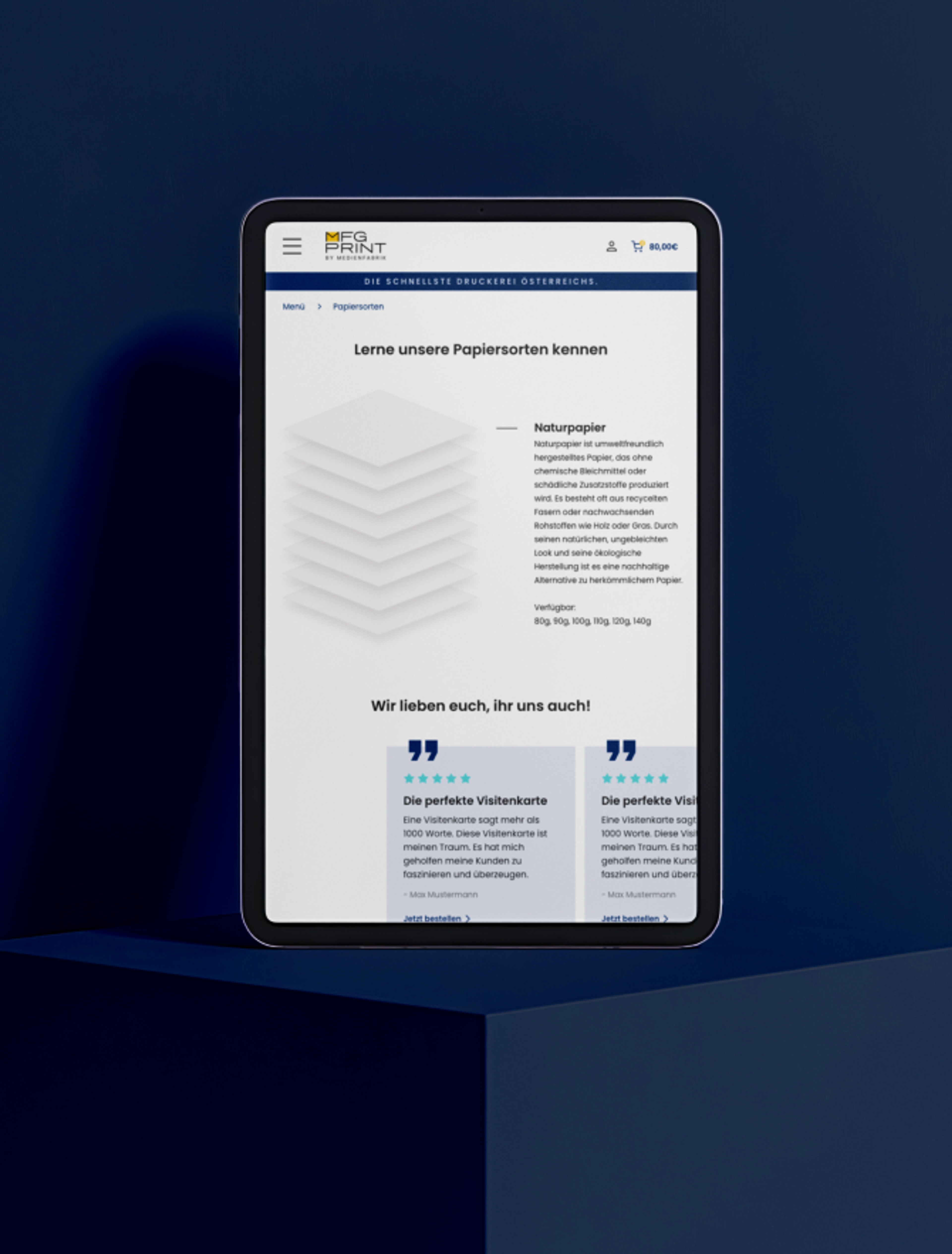 Tablet-Ansicht der Papiersorten-Seite auf der MFG Print Website.