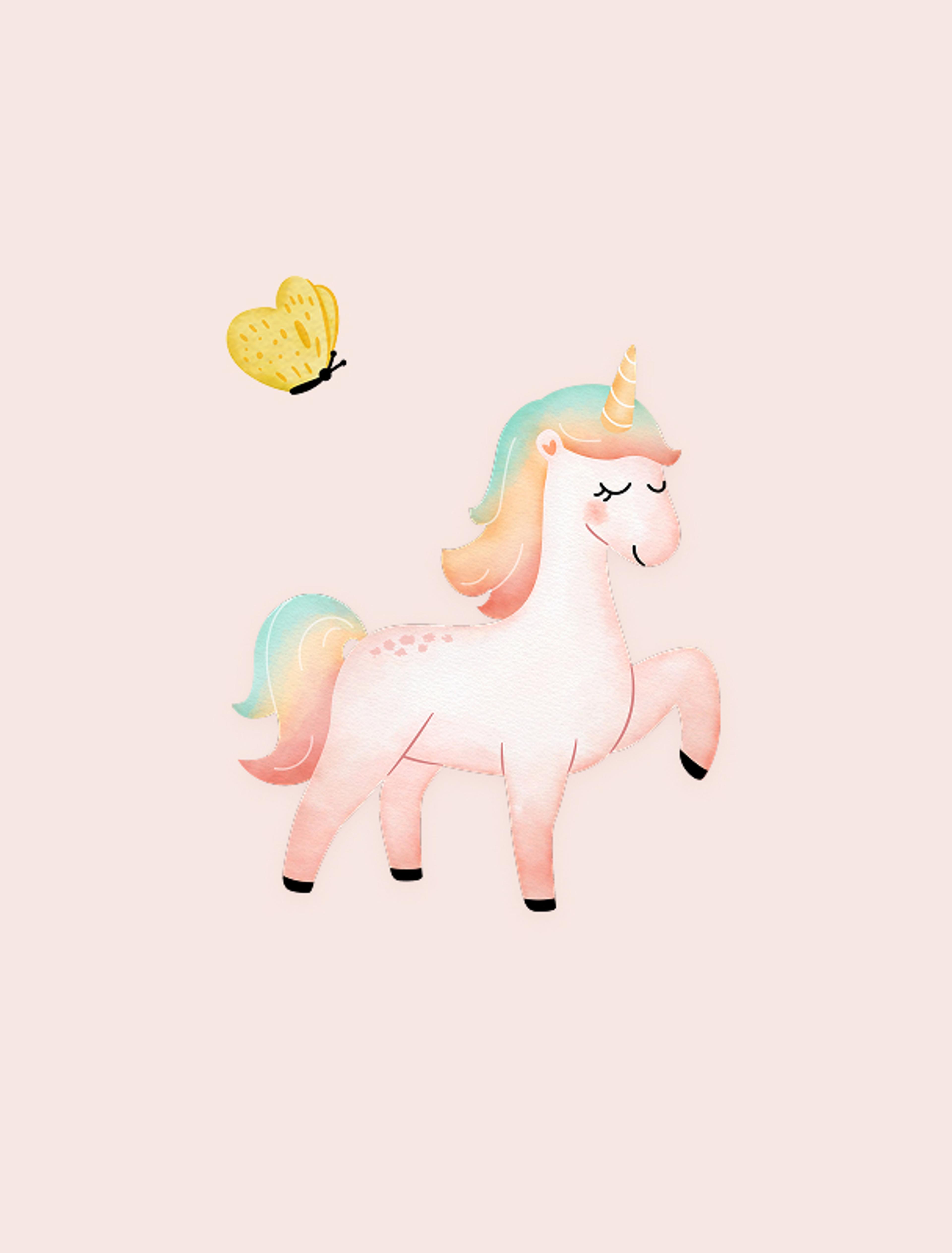 Verspieltes Einhorn-Illustration – Ein zartes, pastellfarbenes Einhorn mit einem schimmernden Horn, begleitet von einem kleinen gelben Schmetterling auf rosa Hintergrund.