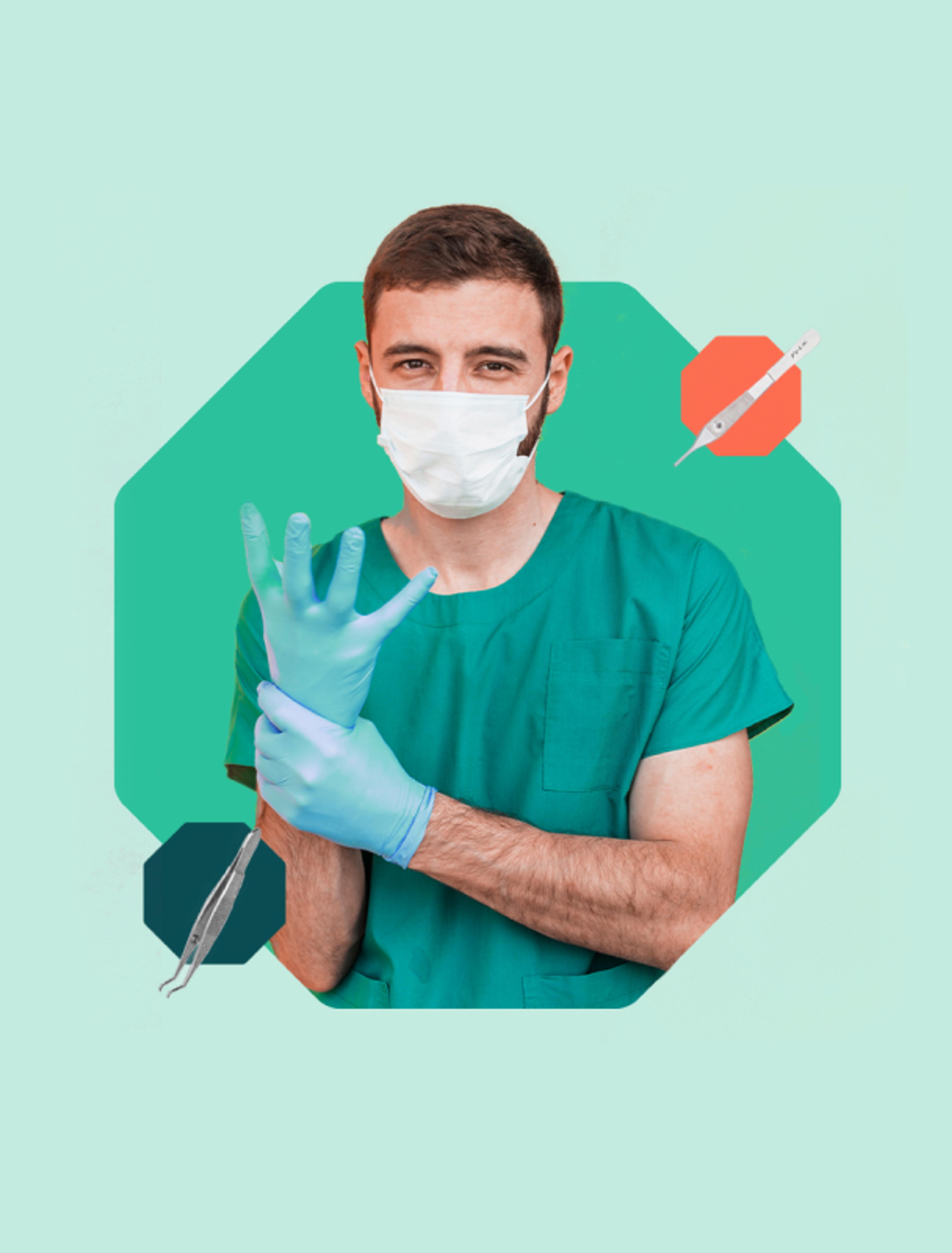 Mann in OP-Kleidung zieht Handschuhe an, umgeben von grafischen medizinischen Symbolen. Werbekampagne für praxisnahe Aus- und Weiterbildung.