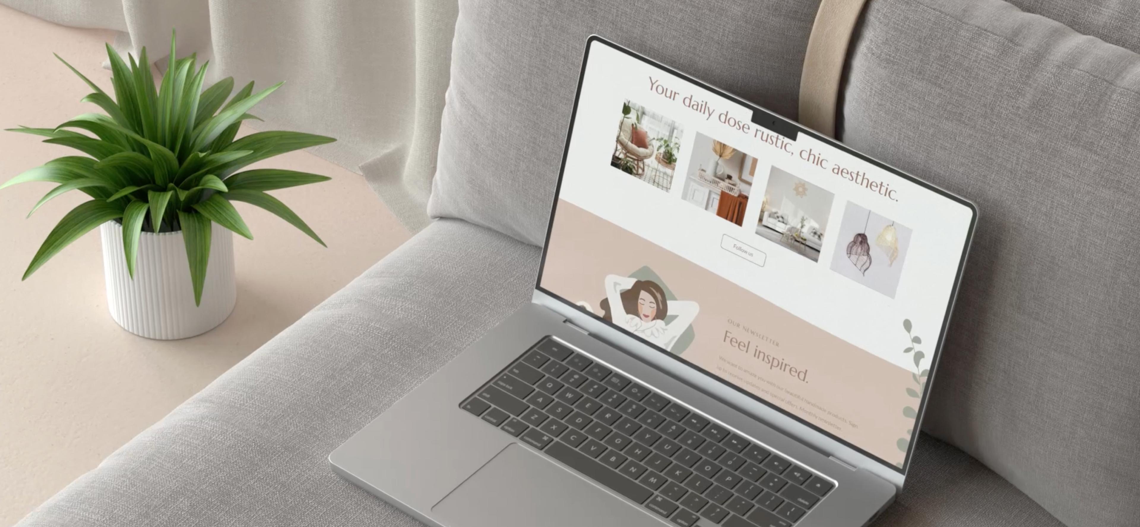 Laptop auf einem Sofa mit der Rattatat-Website auf dem Bildschirm. Die Website zeigt ein stilvolles E-Commerce-Design, das durch minimalistische Illustrationen, weiche Farben und klare Benutzerführung überzeugt. Erstellt von Unerwartet Design in Graz, Österreich.