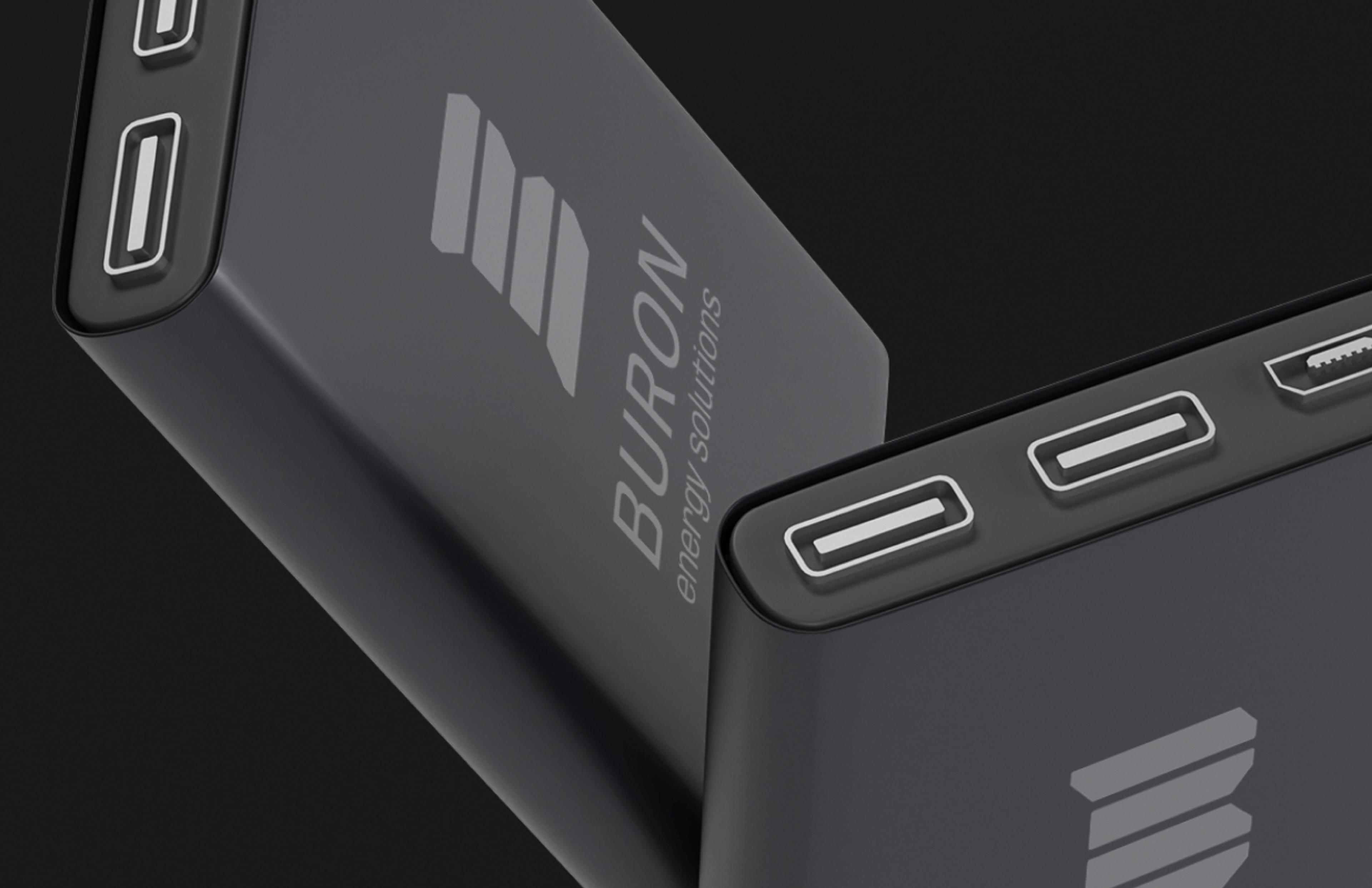 Zwei moderne Powerbanks von Buron Energy Solutions mit mehreren USB-Anschlüssen und elegantem schwarzen Design.