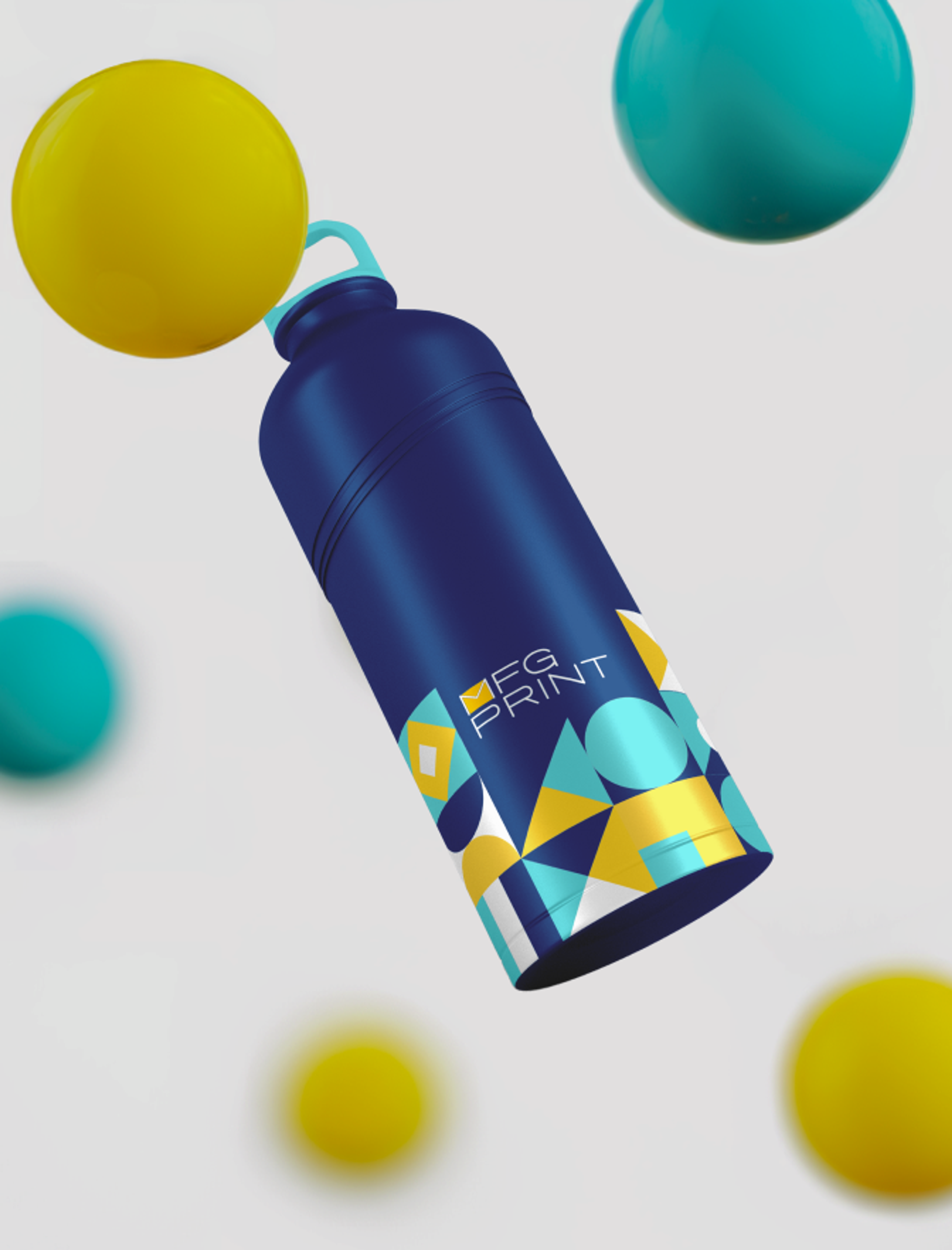 Gebrandete Trinkflasche für MFG Print mit geometrischem Muster.