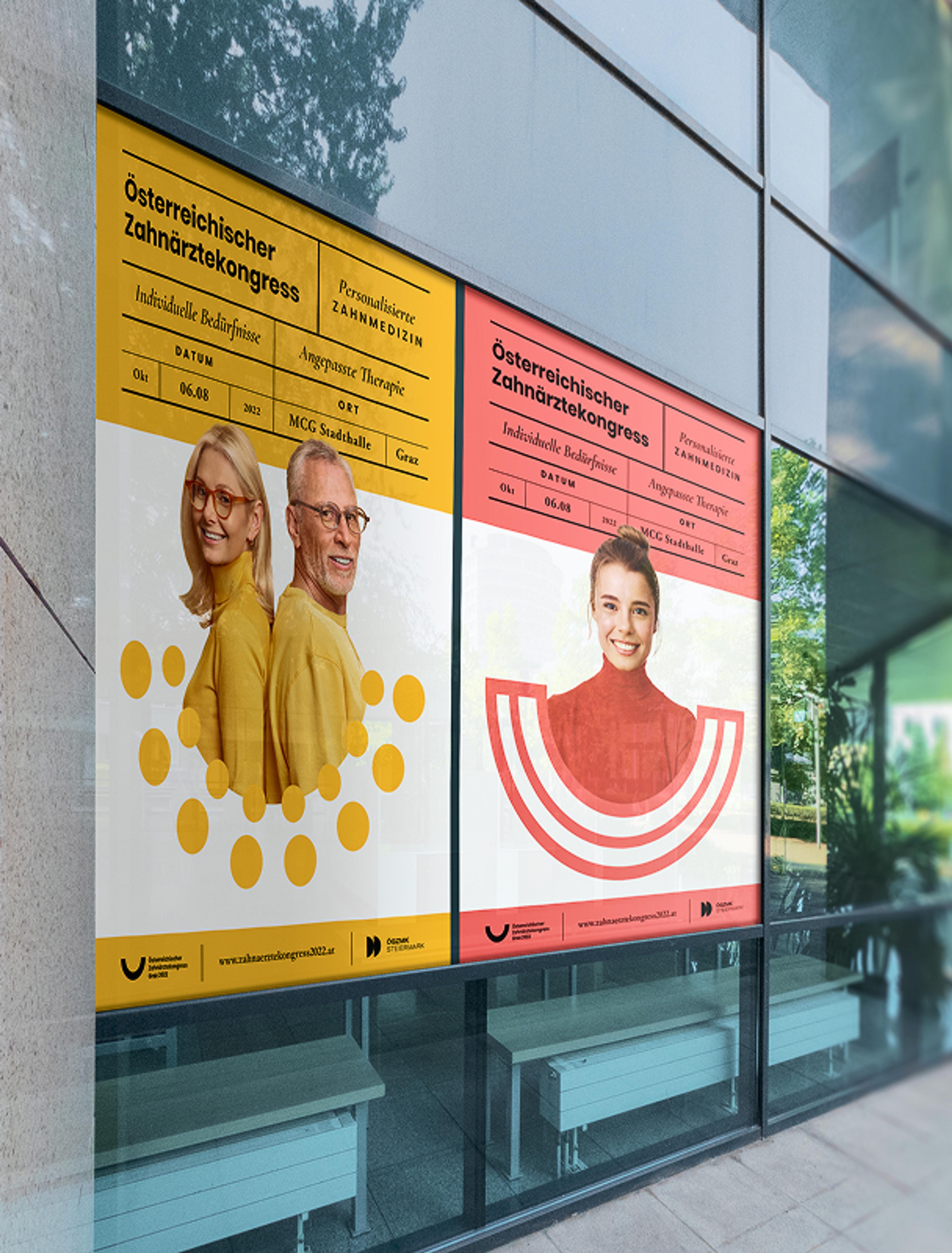 Zwei große Schaufensterplakate für den Österreichischen Zahnärztekongress Graz 2022 mit gelbem und rotem Design, jeweils mit lächelnden Personen, entworfen von Unverwartet Design.