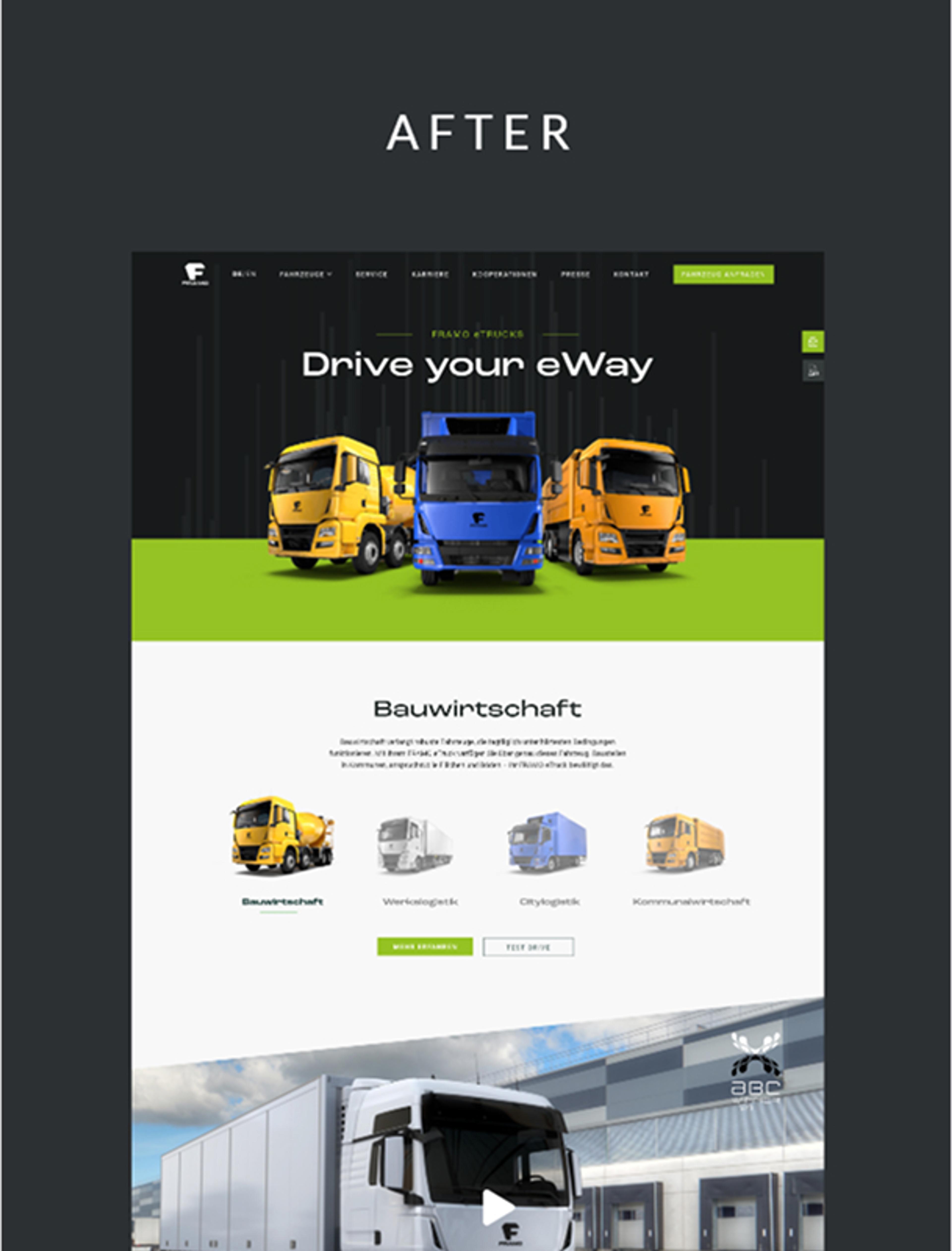 Vorher-Nachher-Vergleich der Framo eTrucks Website mit einer neuen, modernen Gestaltung, die durch optimierte Nutzerführung und klare visuelle Sprache überzeugt.