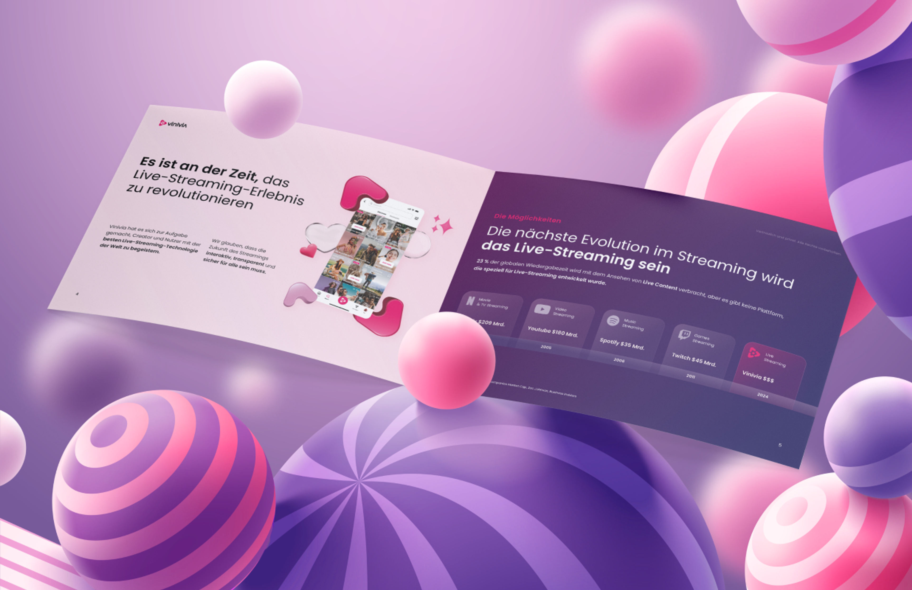 Pitch Deck Seite von Vinivia, die die Revolution des Live-Streamings hervorhebt, gestaltet von Unerwartet Design – modern und innovativ – Unerwartet Design.