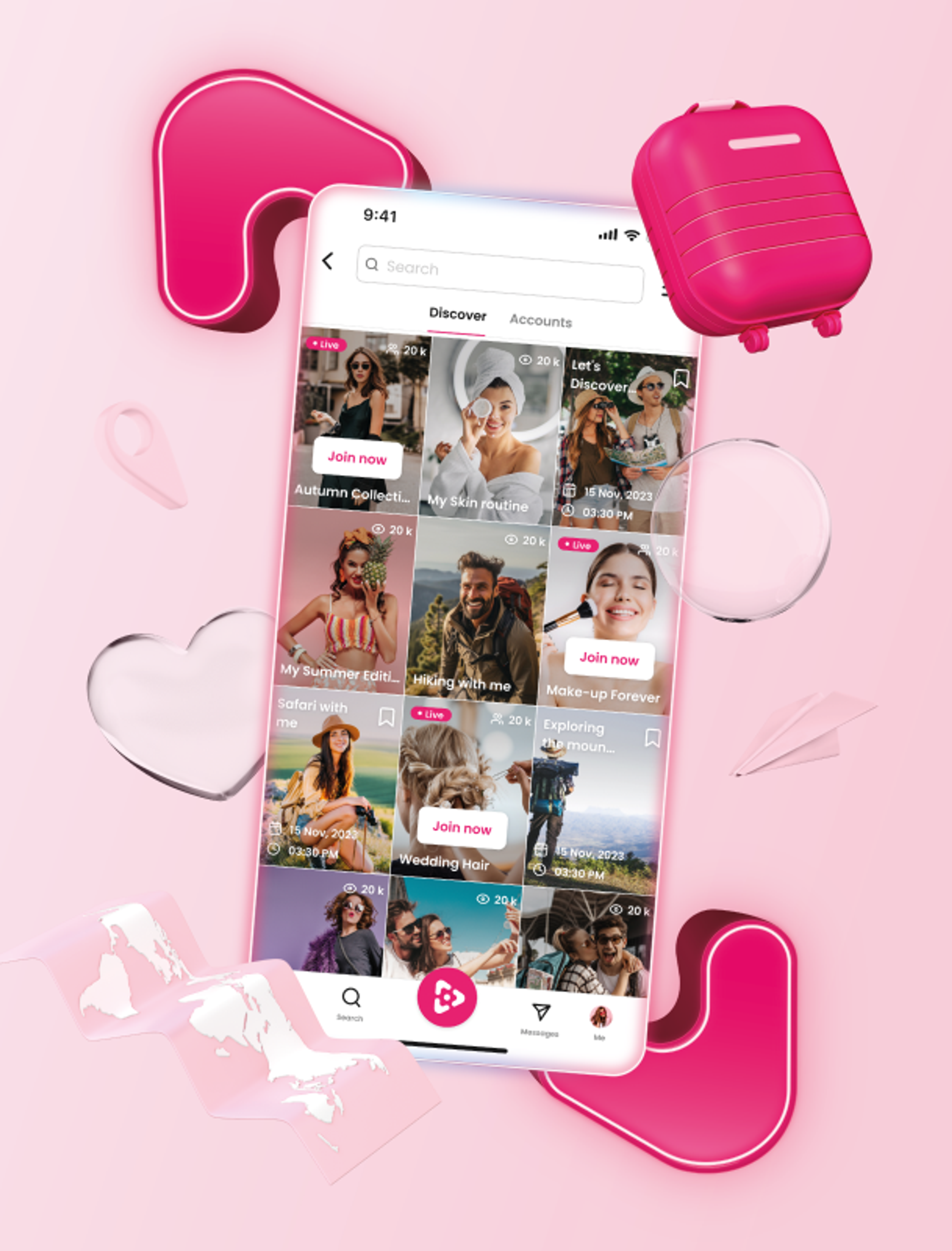 Vinivia-App zeigt Nutzer:innen-Entdeckungsseite mit Profilen und interaktiven Funktionen, auf hellem rosa Hintergrund mit 3D-Symbolen – Unerwartet Design