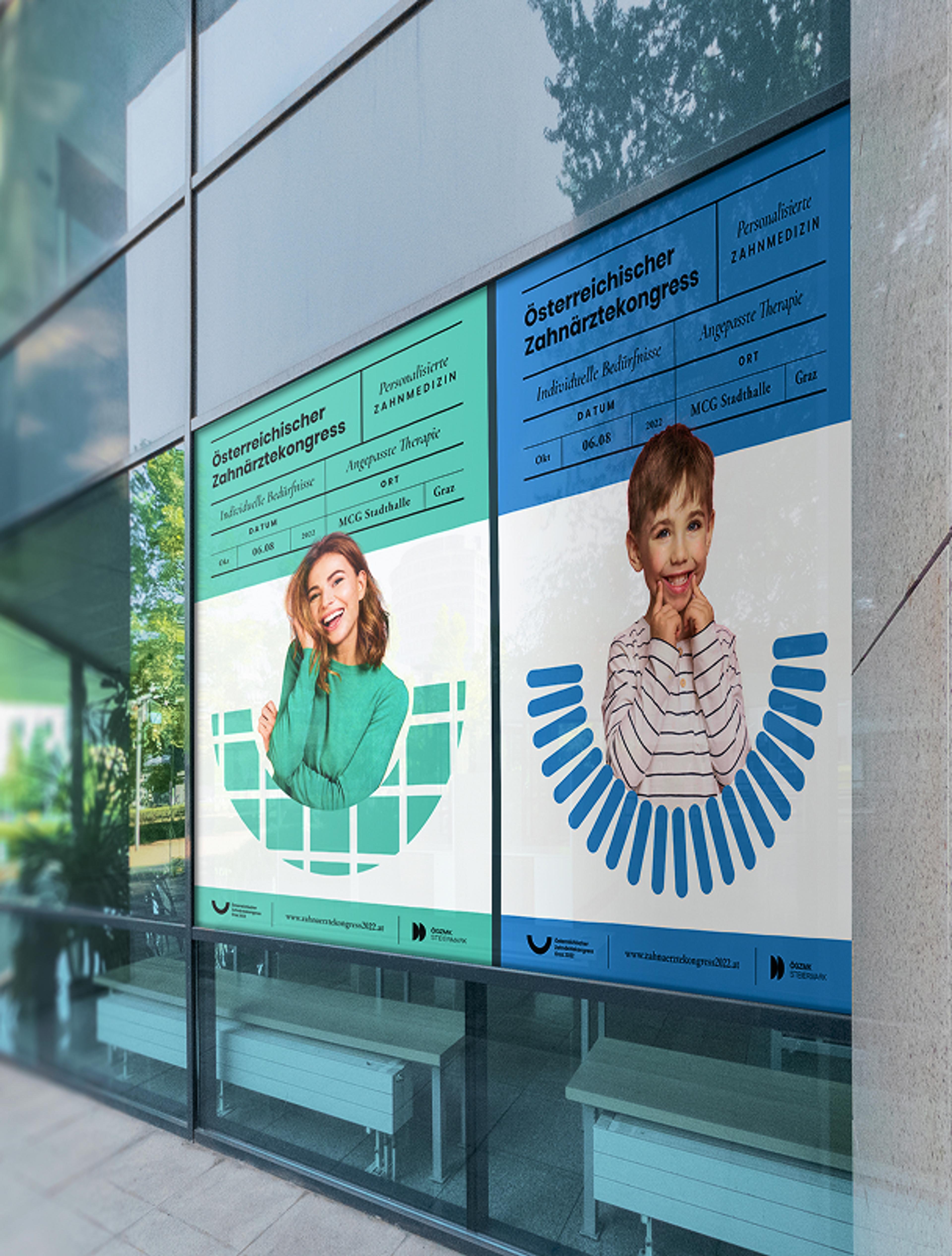 Blaues und grünes Fensterplakat für den Österreichischen Zahnärztekongress Graz 2022 mit modernen Designelementen und fröhlichen Personen, gestaltet von Unverwartet Design.