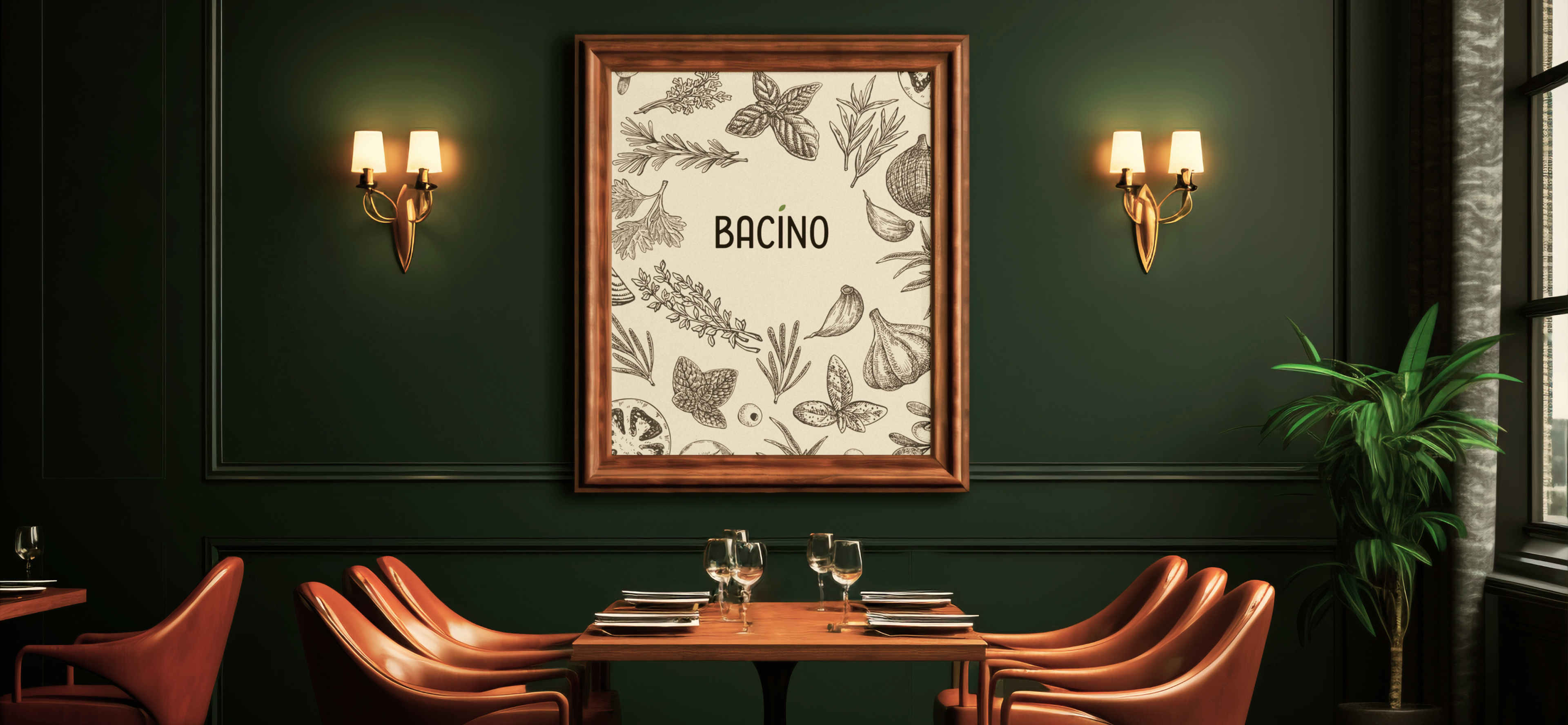 Wandplakate von Bacino mit mediterranen Gerichten wie Caprese und Pizza, stilvoll präsentiert in einem Restaurant.