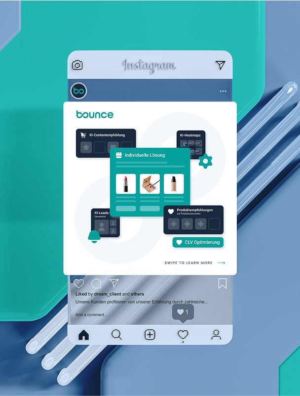 Social-Media-Werbung von Bounce Commerce mit interaktiven Modulen zu Content-Empfehlungen, Heatmaps und KI-gestützter Kundenanalyse.