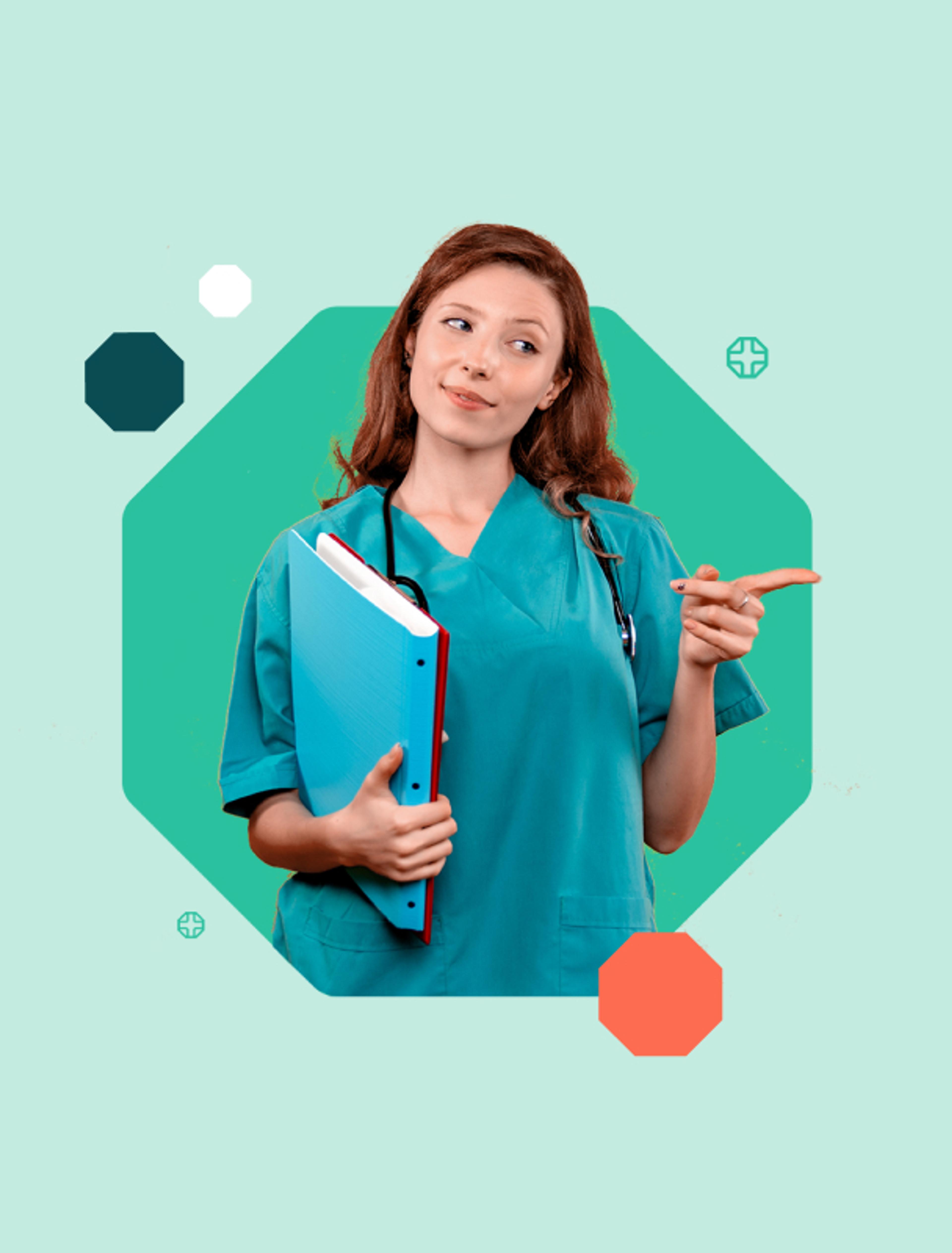Junge Frau in OP-Kleidung mit Stethoskop und Ordner, zeigt nach rechts. Grafische Kampagne für medizinische Ausbildung und Weiterbildung.