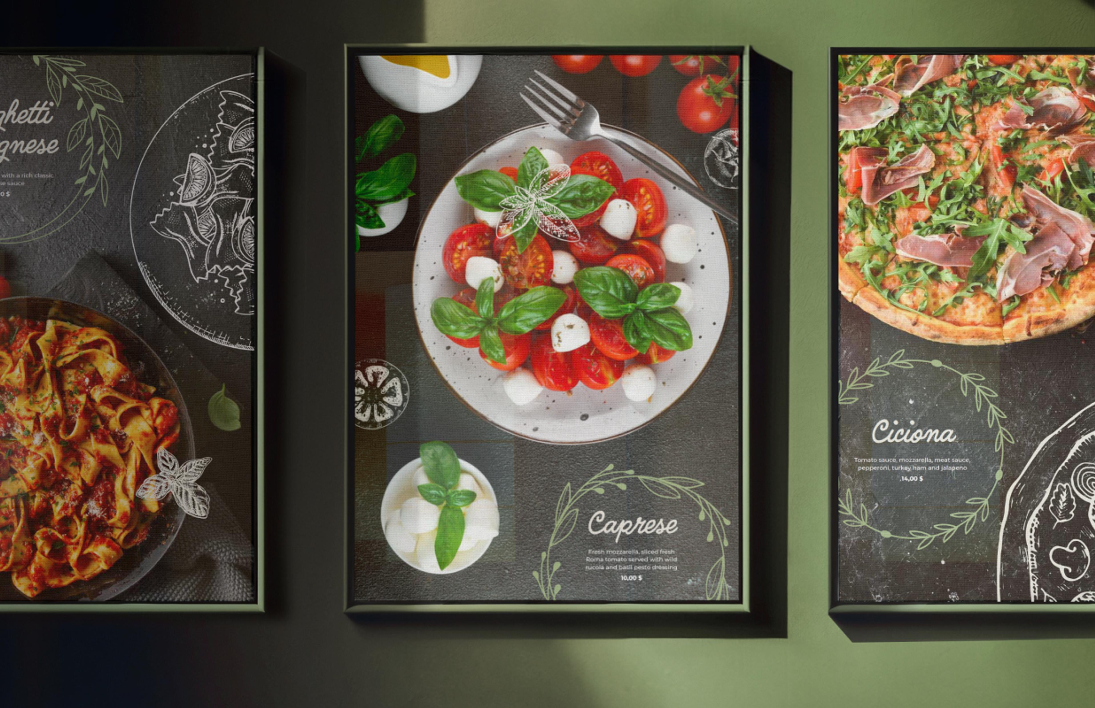 Wandplakate von Bacino mit mediterranen Gerichten wie Caprese und Pizza, stilvoll präsentiert in einem Restaurant.