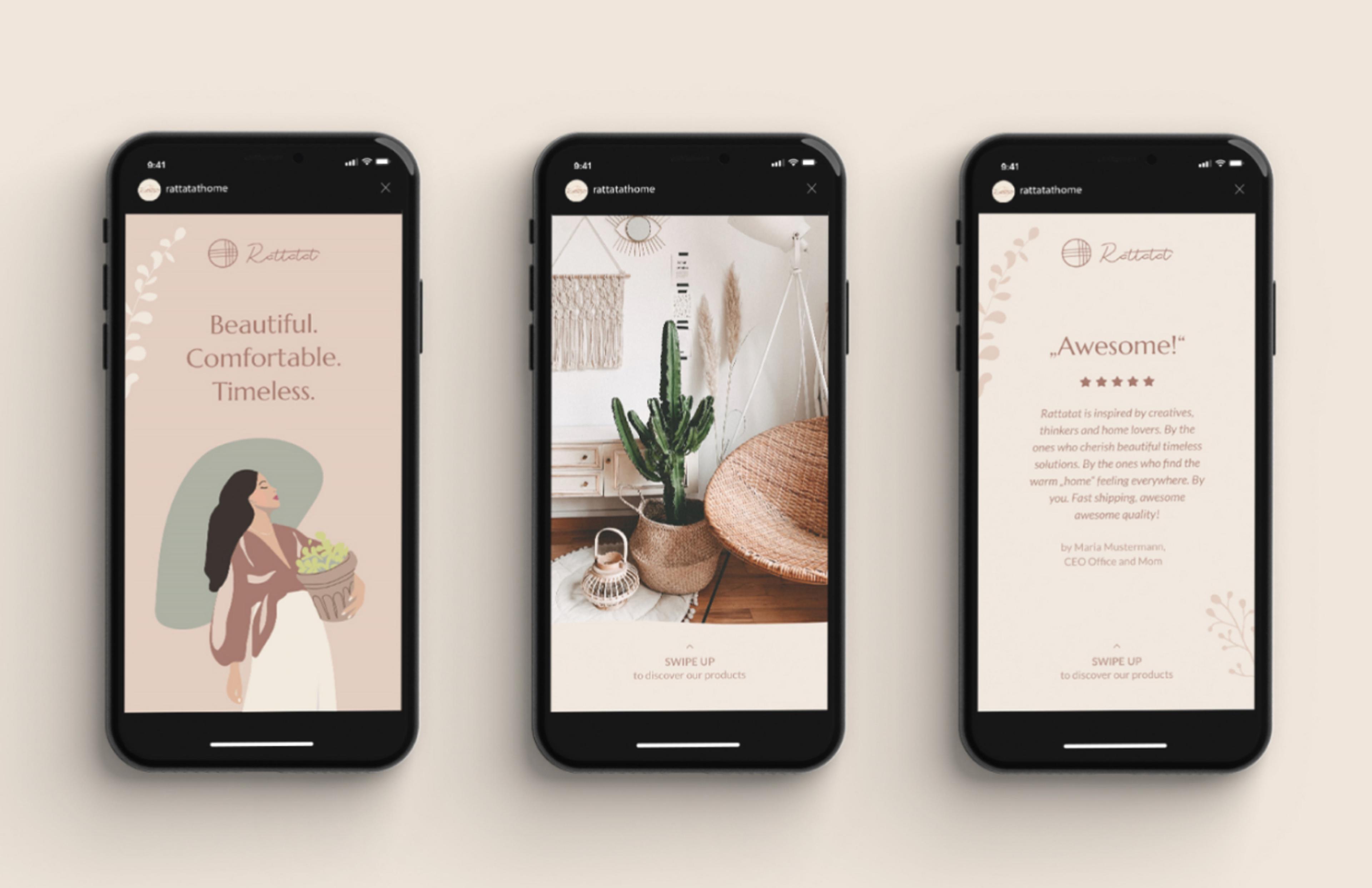 Drei Smartphones zeigen Instagram-Story-Werbung für den Rattatat-Onlineshop. Präsentiert werden Produkte und Botschaften wie „Beautiful. Comfortable. Timeless.“ in harmonischen Designs mit Illustrationen und Fotos. Erstellt von Unerwartet Design in Graz, Österreich, mit Fokus auf E-Commerce im DACH-Raum.