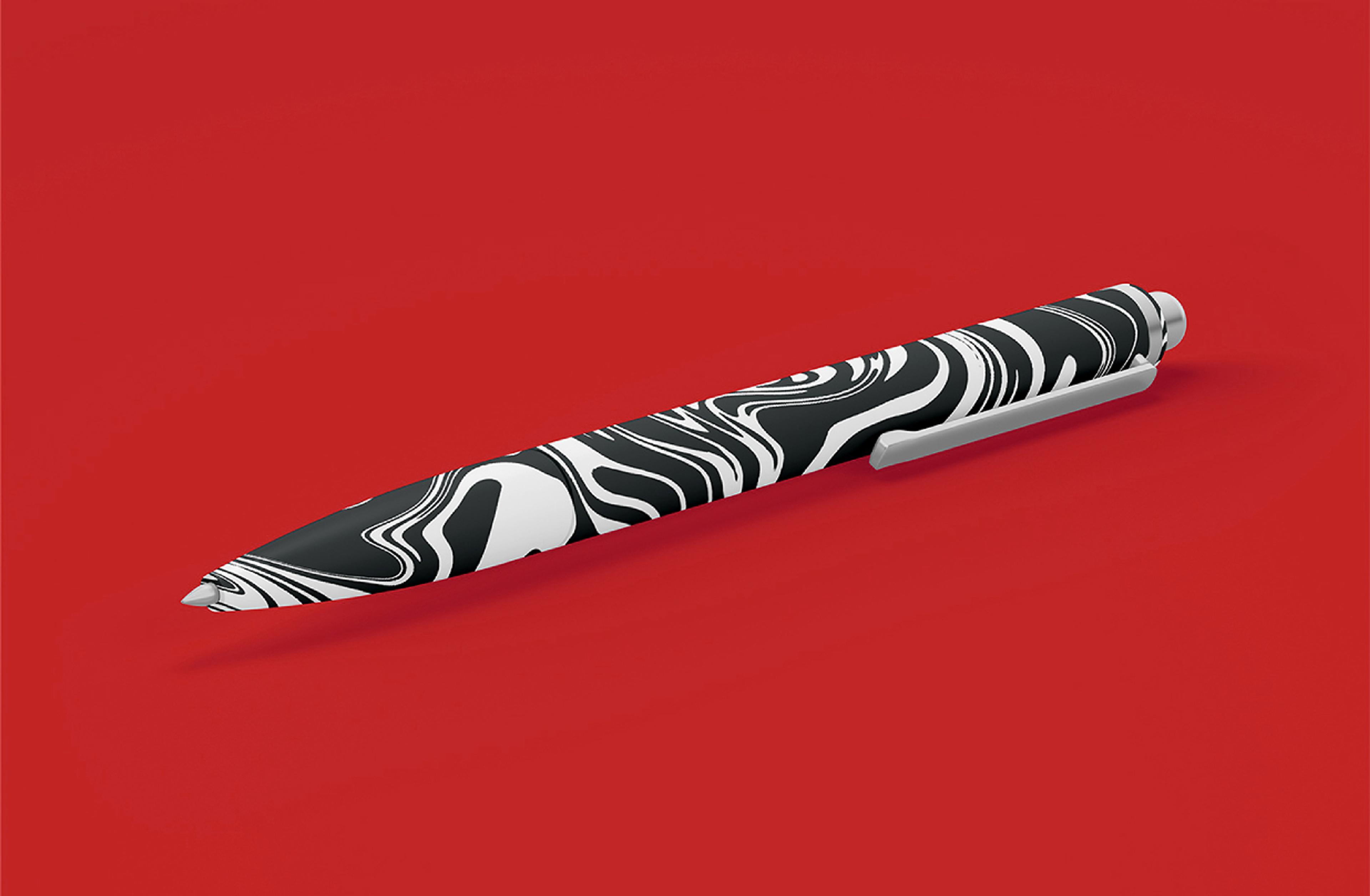 Ein hochwertiger Stift mit fließendem, verzerrtem Muster, das an Marmorierungen erinnert. Das Design spielt mit optischen Verzerrungen und passt in das gestalterische Konzept von „Stigma“.