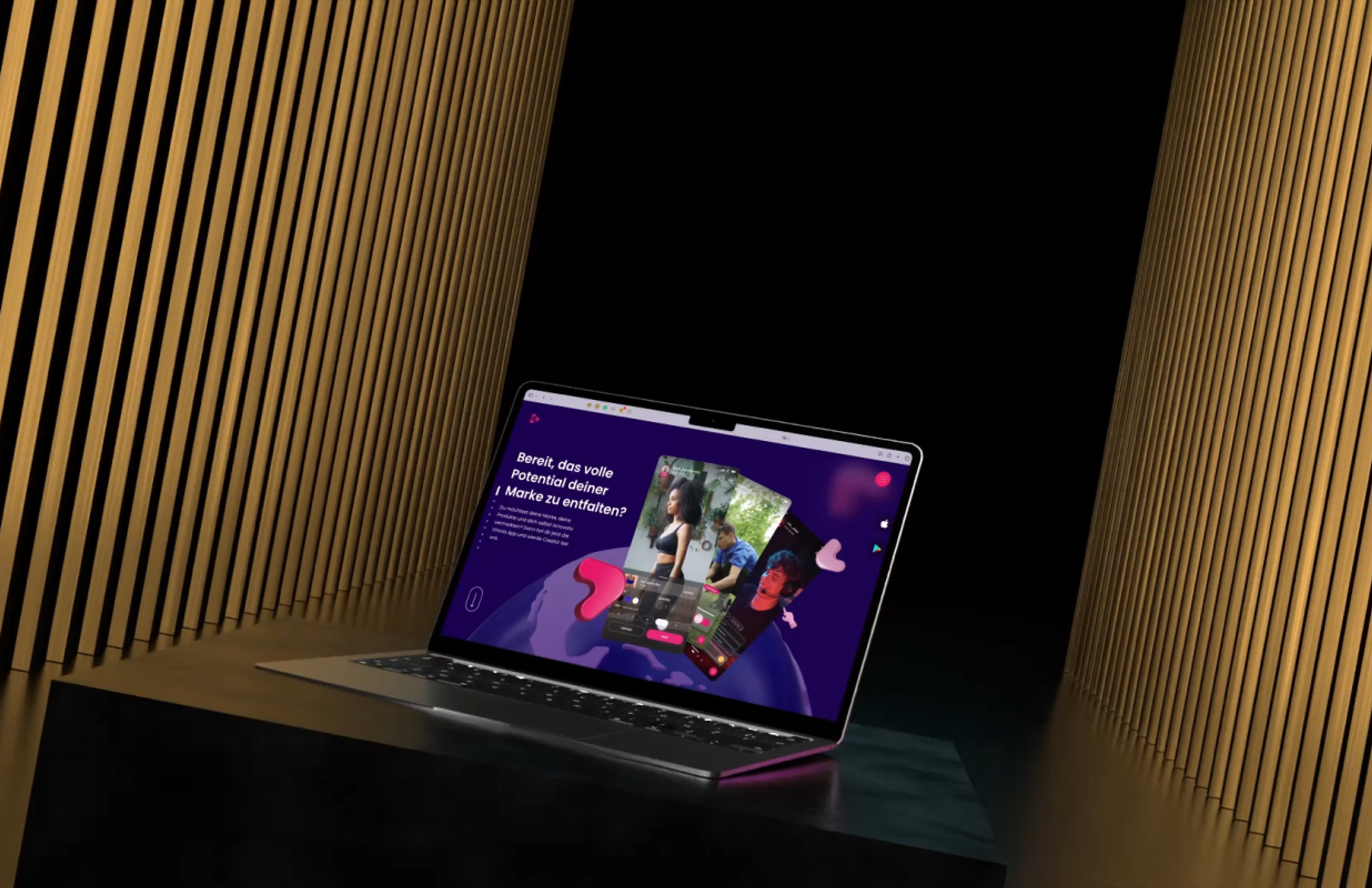 Laptop in einer goldenen Umgebung, der die interaktive Vinivia-Website mit trendigem UX/UI-Design und fesselnden Features zeigt – Unerwartet Design