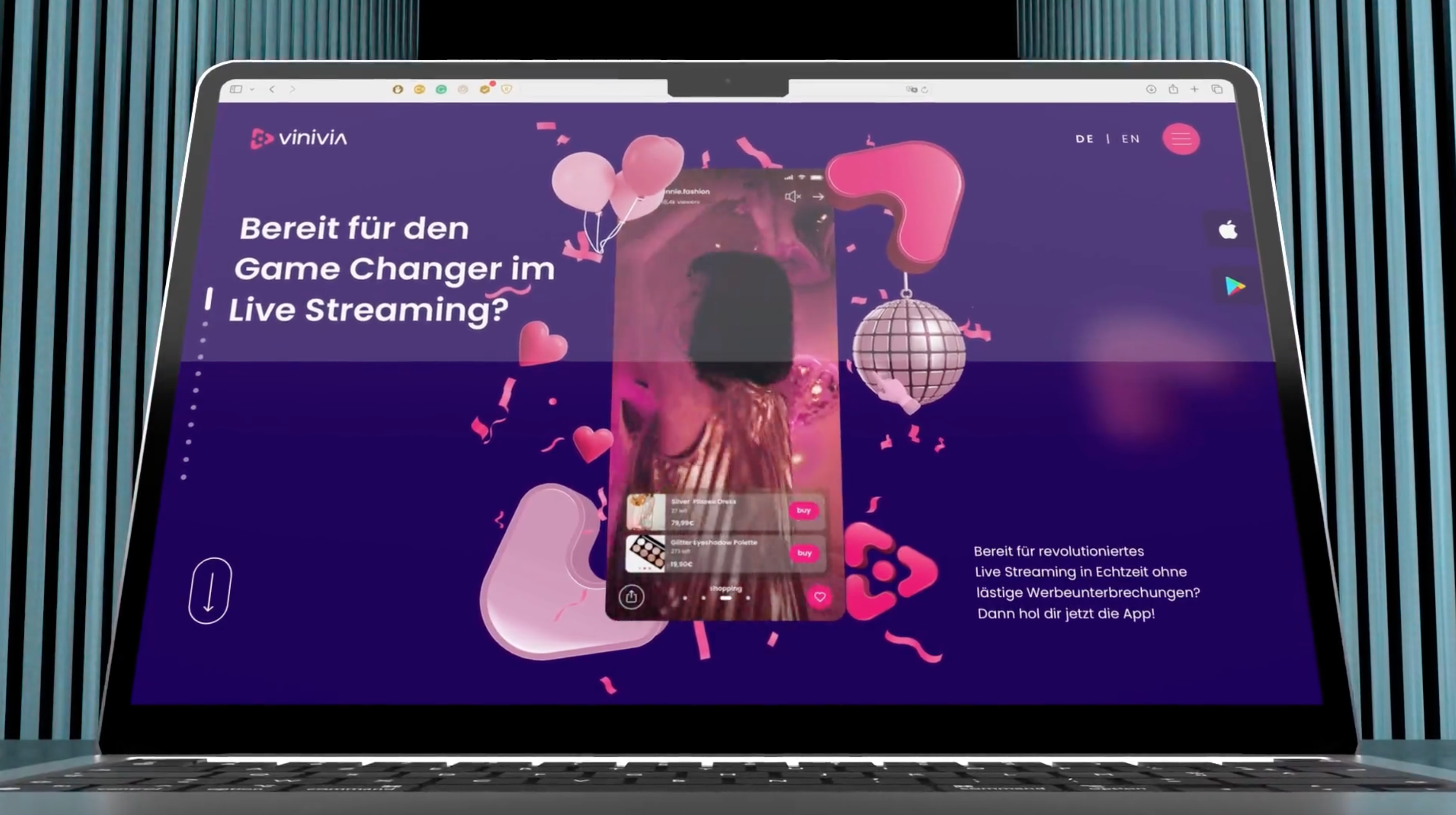 Intro-Animation. Eleganter Laptop in einer goldenen Umgebung, der die innovative Vinivia-Website mit dynamischem Webdesign und interaktiven Funktionen zeigt – Unerwartet Design