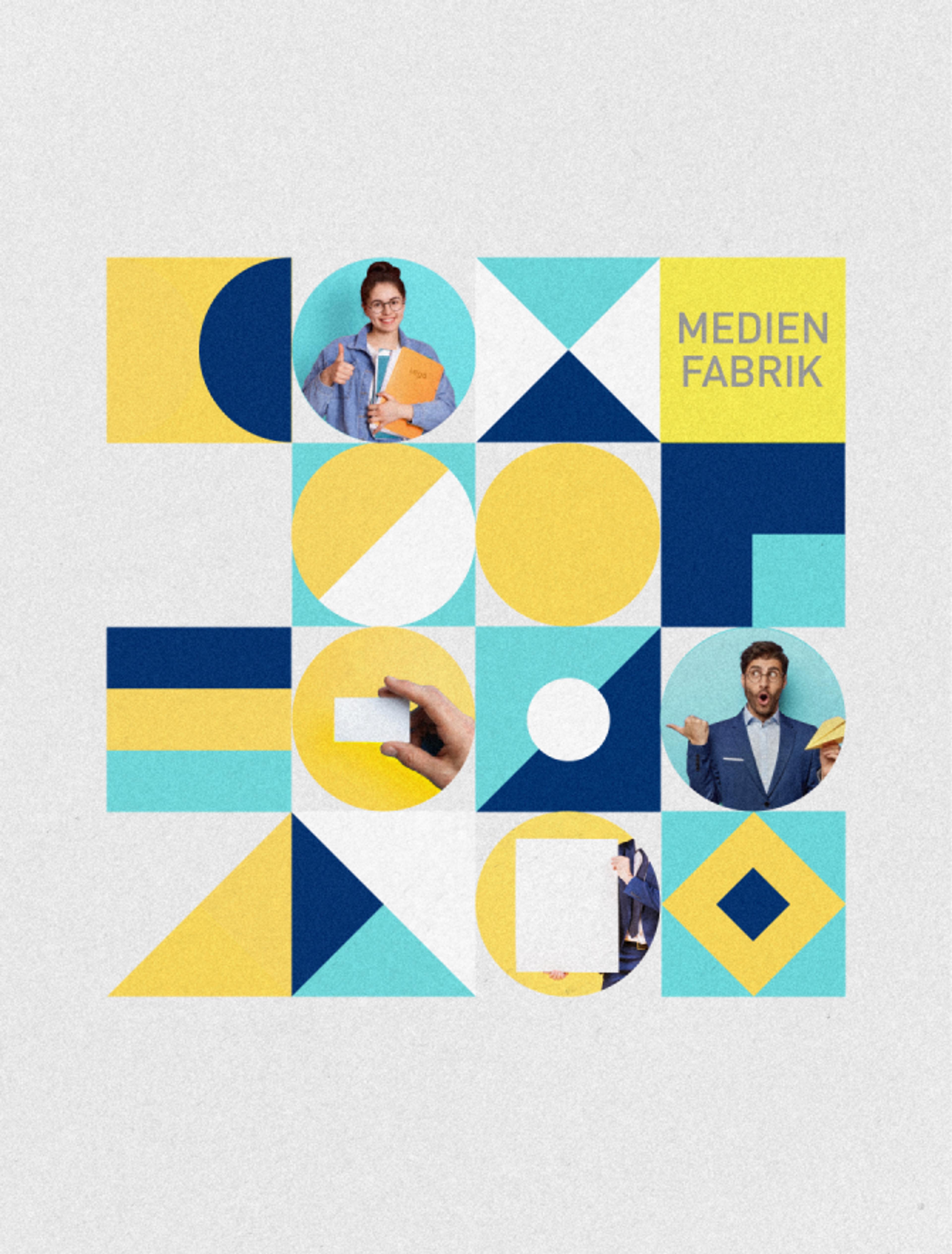 Eine grafische Darstellung für die Medienfabrik mit geometrischen Mustern in Blau, Gelb und Weiß sowie integrierten Bildern von Personen.