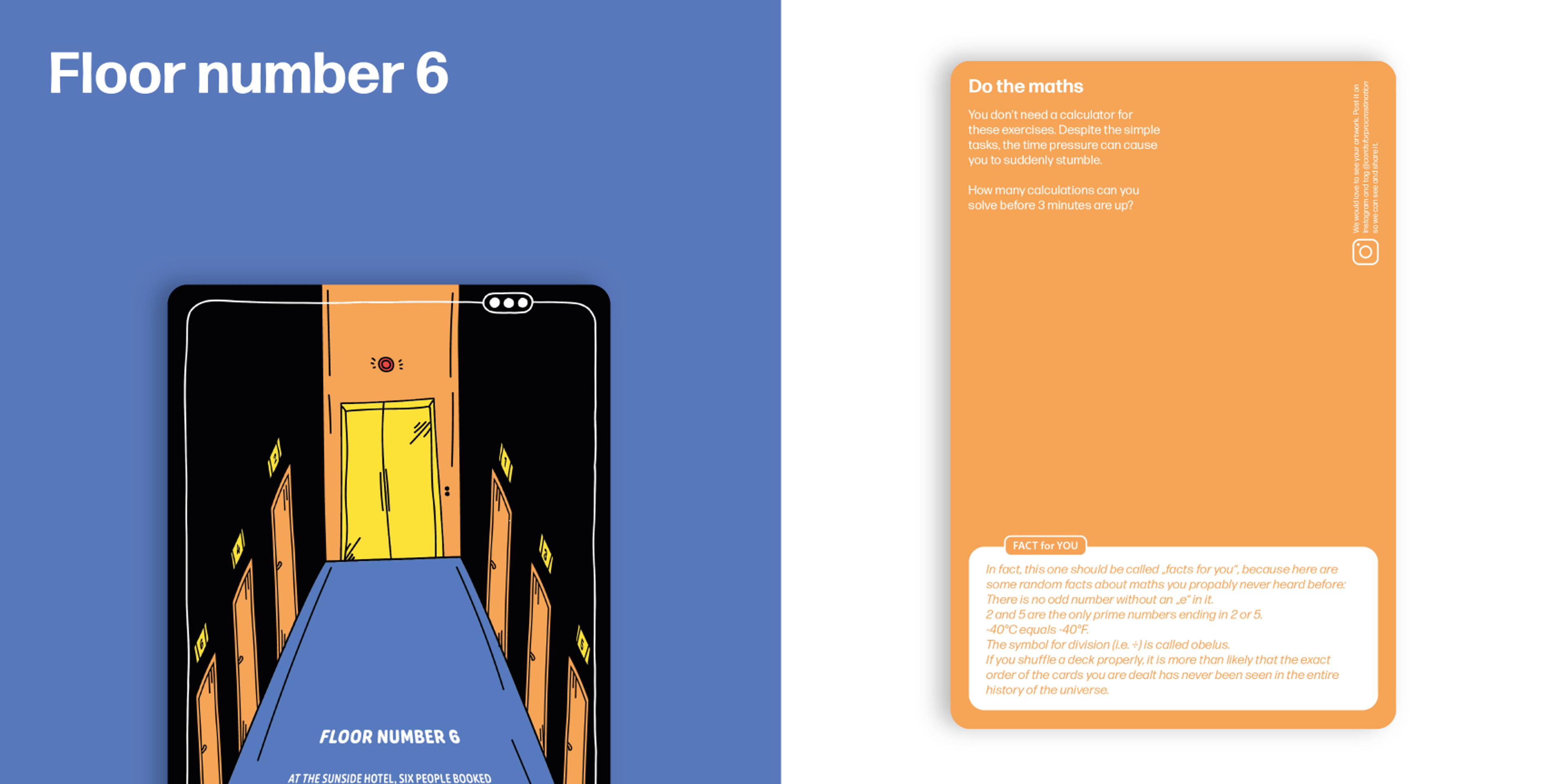Illustration der „Cards for Procrastination“ mit Floor 6 und einer Matheaufgabe. 
