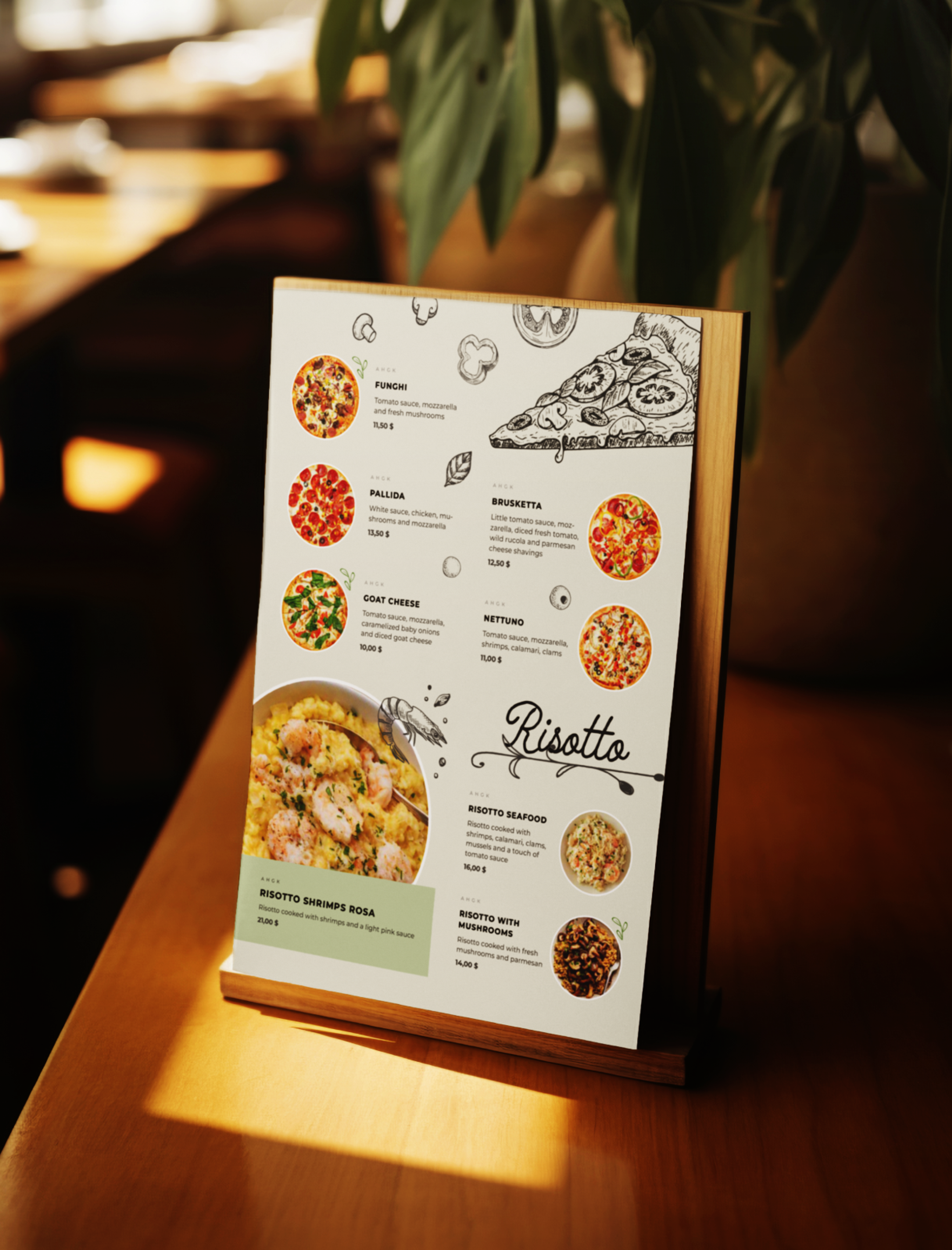 Tischaufsteller von Bacino mit einer Auswahl an Risotto-Gerichten und lebendigen mediterranen Designs.