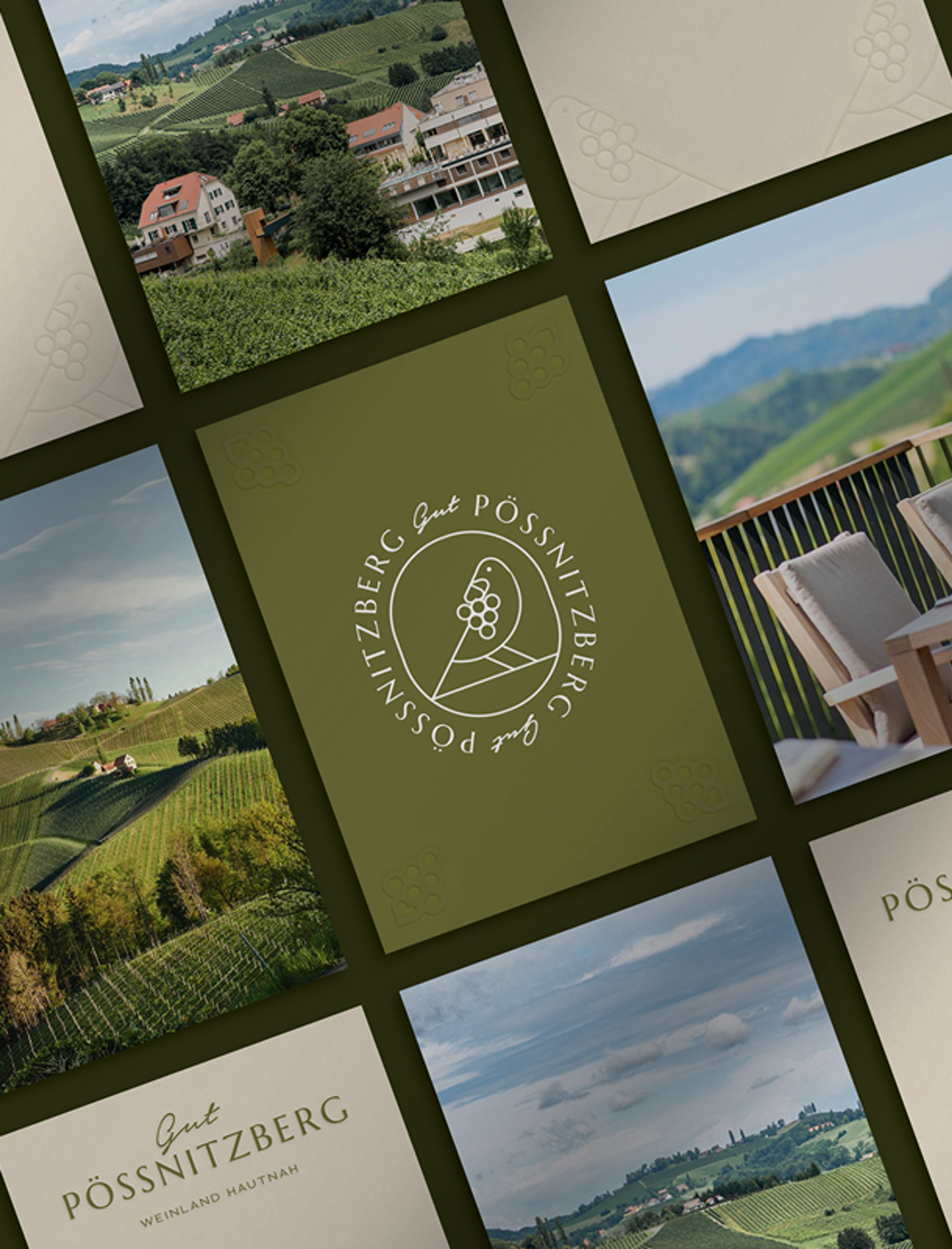 Branding-Komposition für Gut Pössnitzberg, Logo Design, Verpackungsdesign und Printmedien für das Weingut in der Steiermark