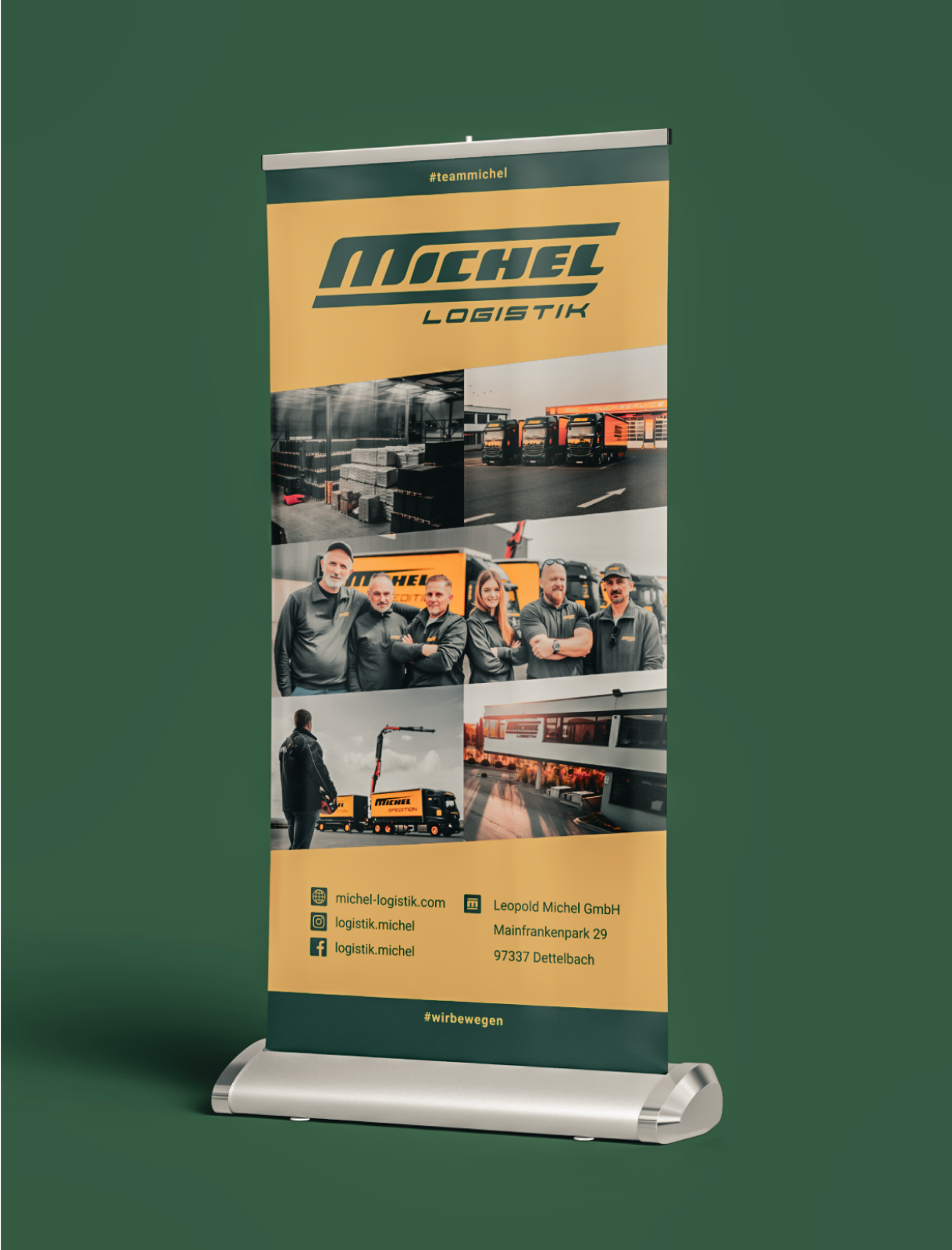 Roll-Up-Design & Druckvorstuffe, gestlatet von Uenrwartet Design in Graz für das deutsche Logistik-Unternehmen Michel. Starkes, spannendes Design mit dynamischen Linienführung.