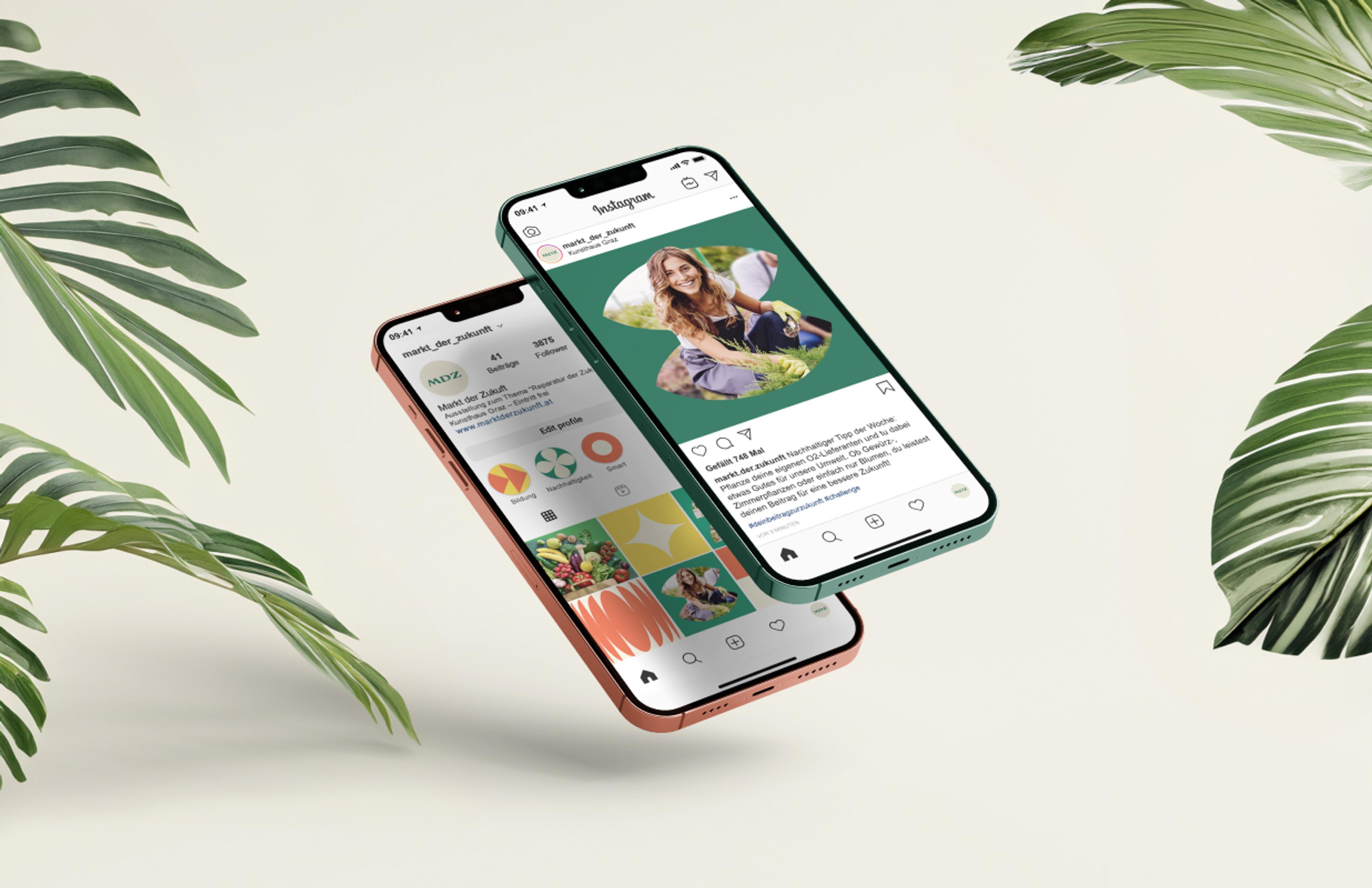 Social-Media-Vorlagen für den Markt der Zukunft, gestaltet von Unerwartet in Graz. Modernes Design mit grünen Akzenten und nachhaltigen Werten.