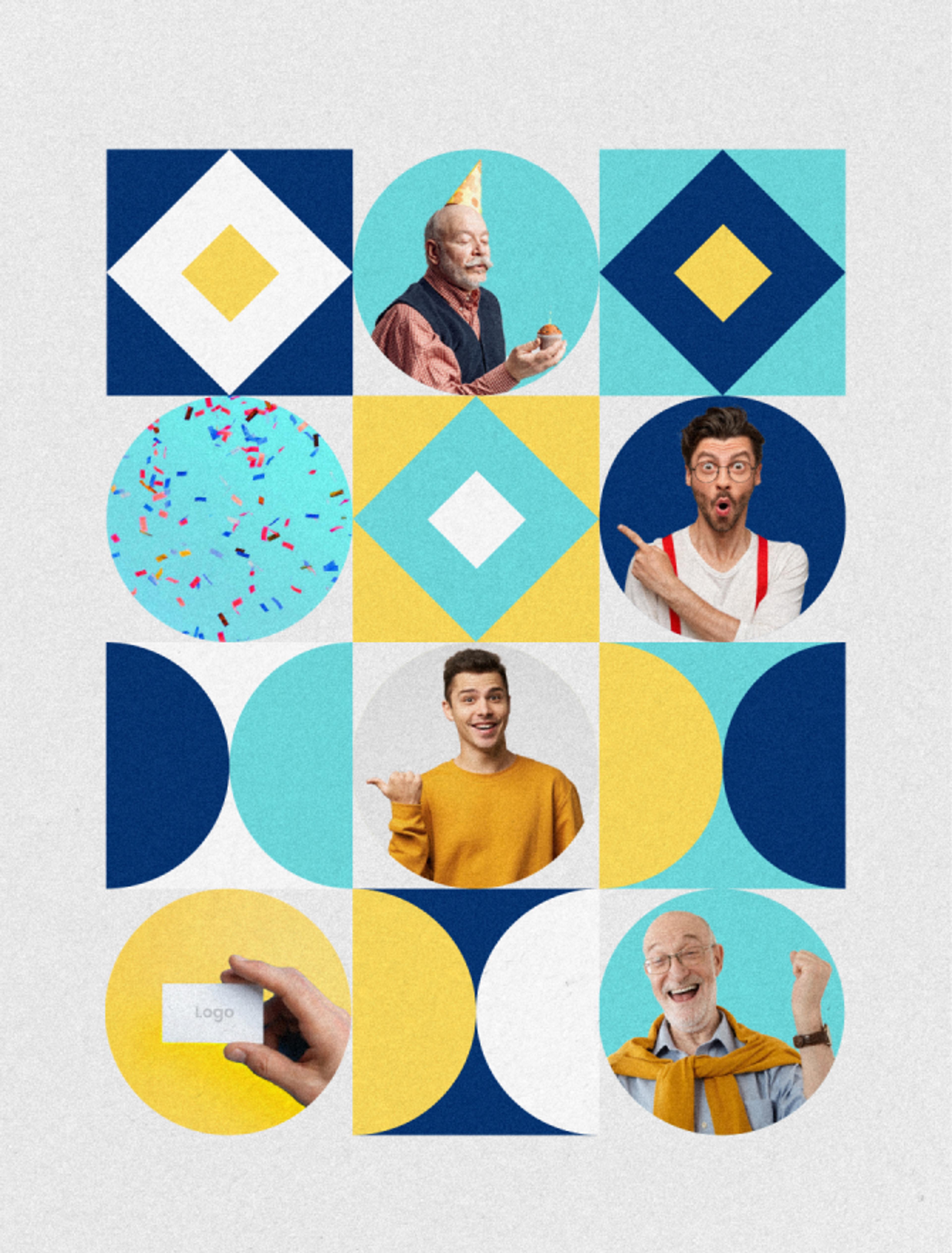 Eine kreative Illustration für das Branding von mfgprint mit geometrischen Formen, bunten Elementen und Porträts verschiedener Personen.