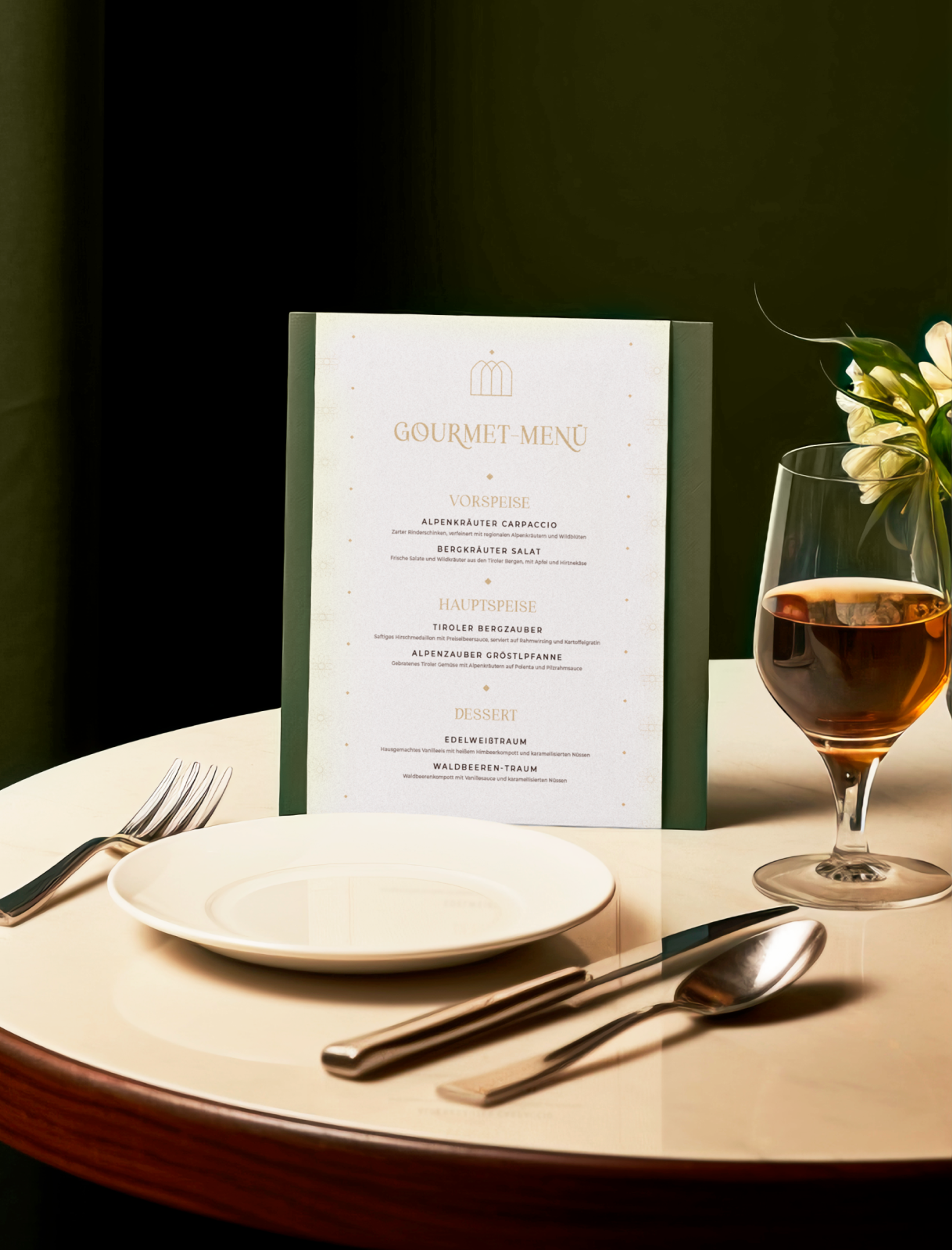 Gourmet-Menükarte im Strasserwirt-Stil, stilvoll präsentiert mit goldfarbenem Besteck und hochwertigem Geschirr – Unerwartet Design