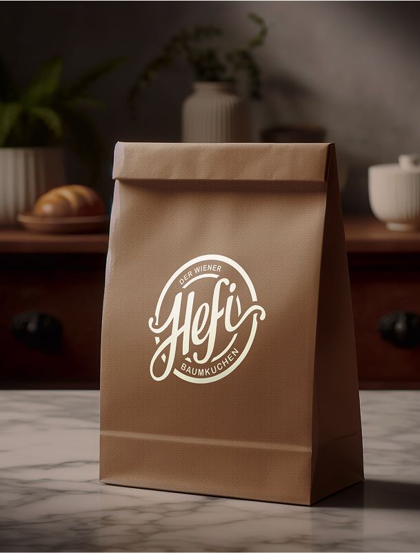 Eine braune Papiertüte mit Hefi-Logo auf einem Tisch mit Keramikelementen.