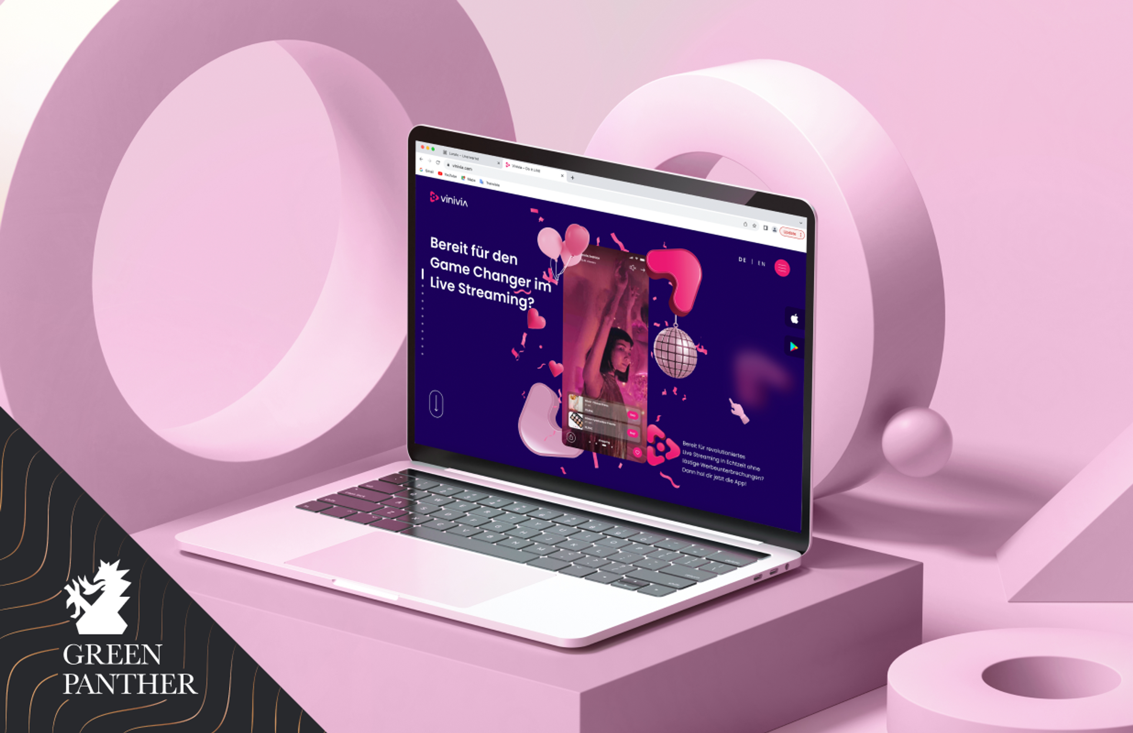 Ansicht eines Laptops mit der preisgekrönten Vinivia-Website, die für modernes Webdesign und interaktive Live-Streaming-Lösungen steht – Unerwartet Design