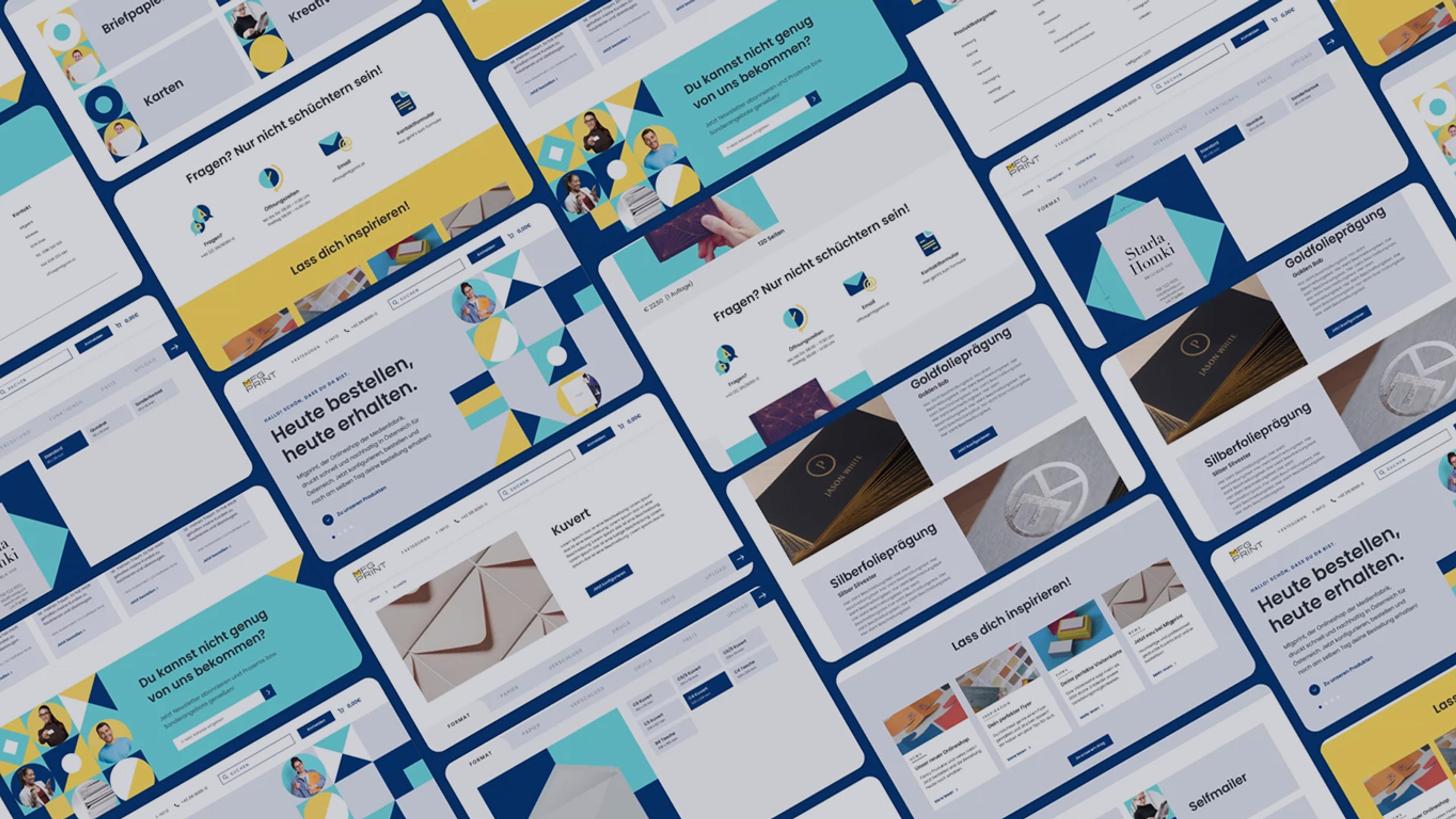 Eine Übersicht des Webdesigns von mfgprint mit modernen, farbenfrohen Layouts, klarer Navigation und ansprechenden Designelementen.