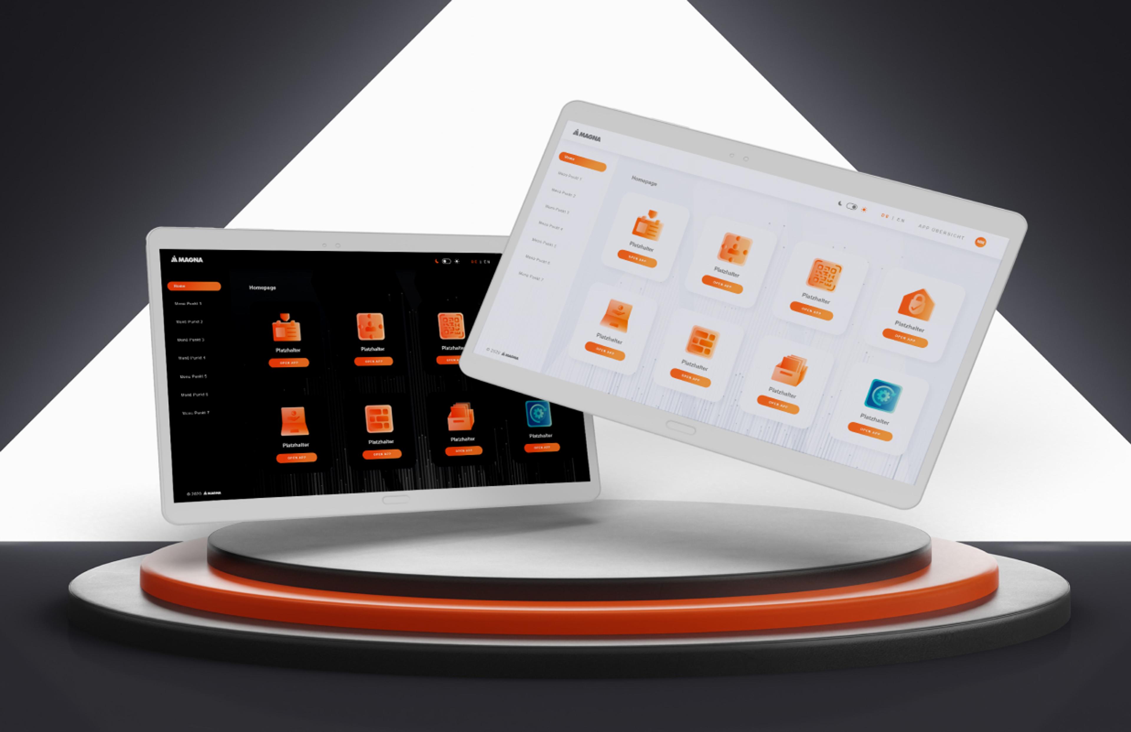 Interne Systemoberfläche für Magna: UX/UI Design mit Unternehmens-Icons, minimalistischen Layouts und klarer Benutzerführung – Light & Dark Mode