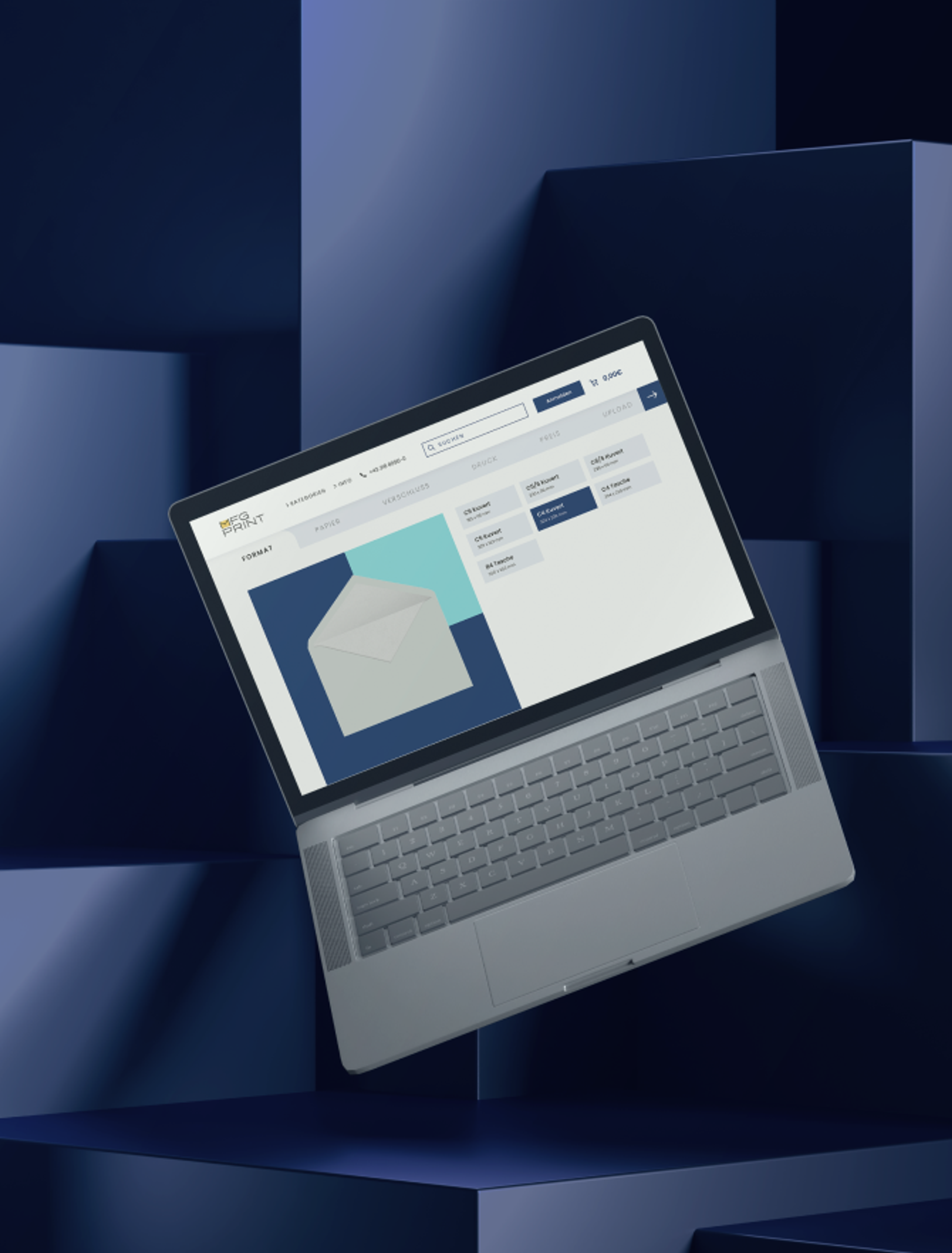 Laptop-Ansicht der Produktkonfiguration auf der MFG Print Website.