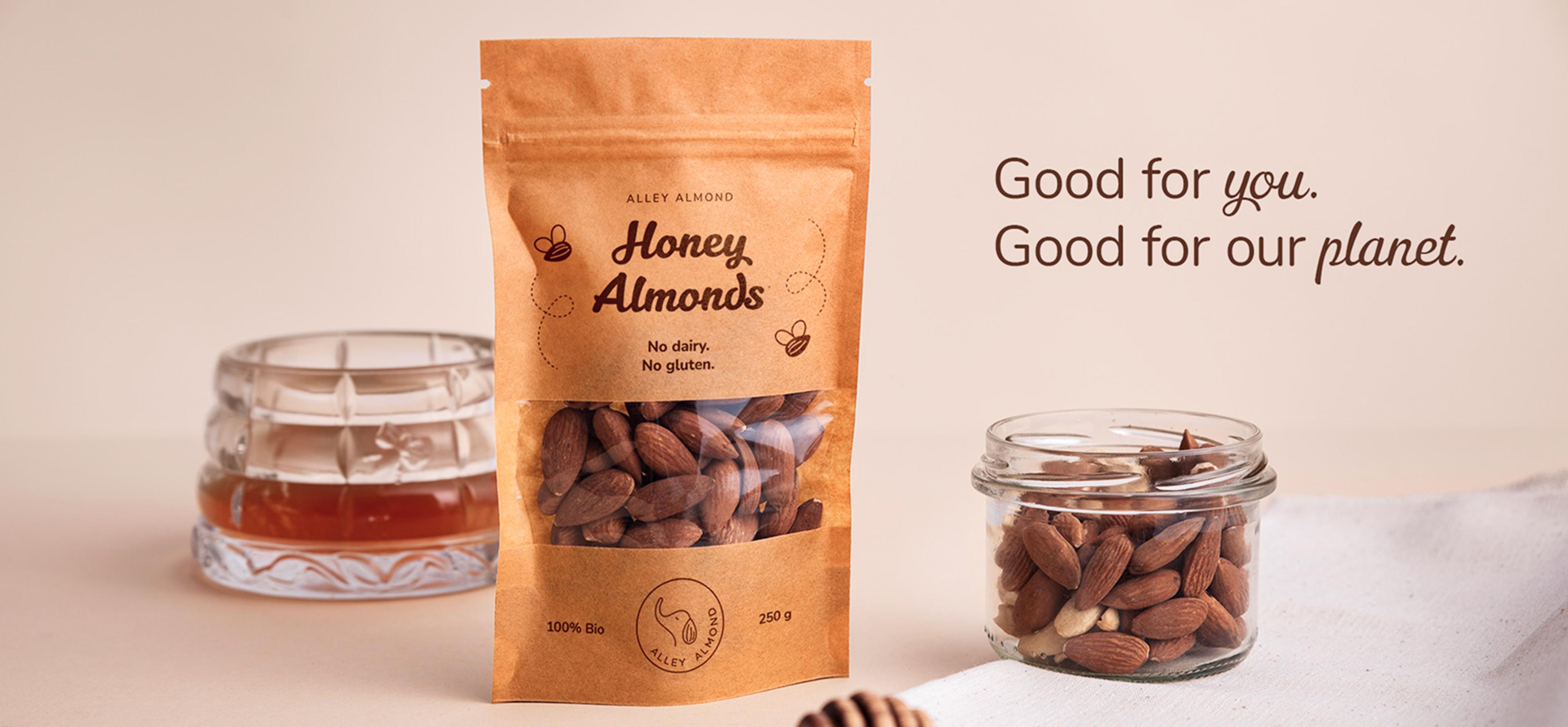 Alley Almond Honey Almonds mit Slogan Good for you – good for our planet