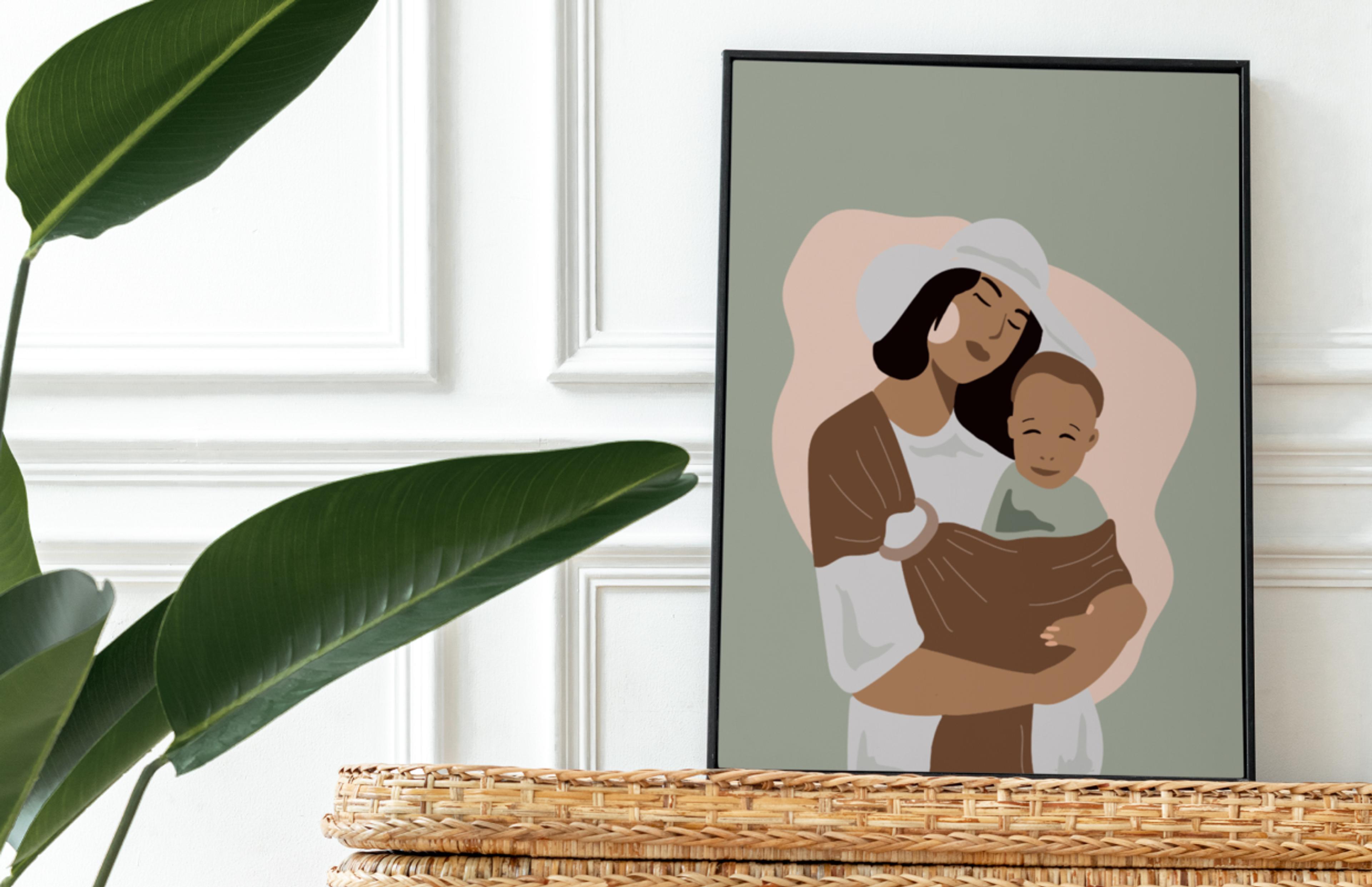 Poster mit liebevoller Illustration von Mutter und Kind, kombiniert mit Rattandekor – harmonisches und nachhaltiges Branding von Unerwartet Design.