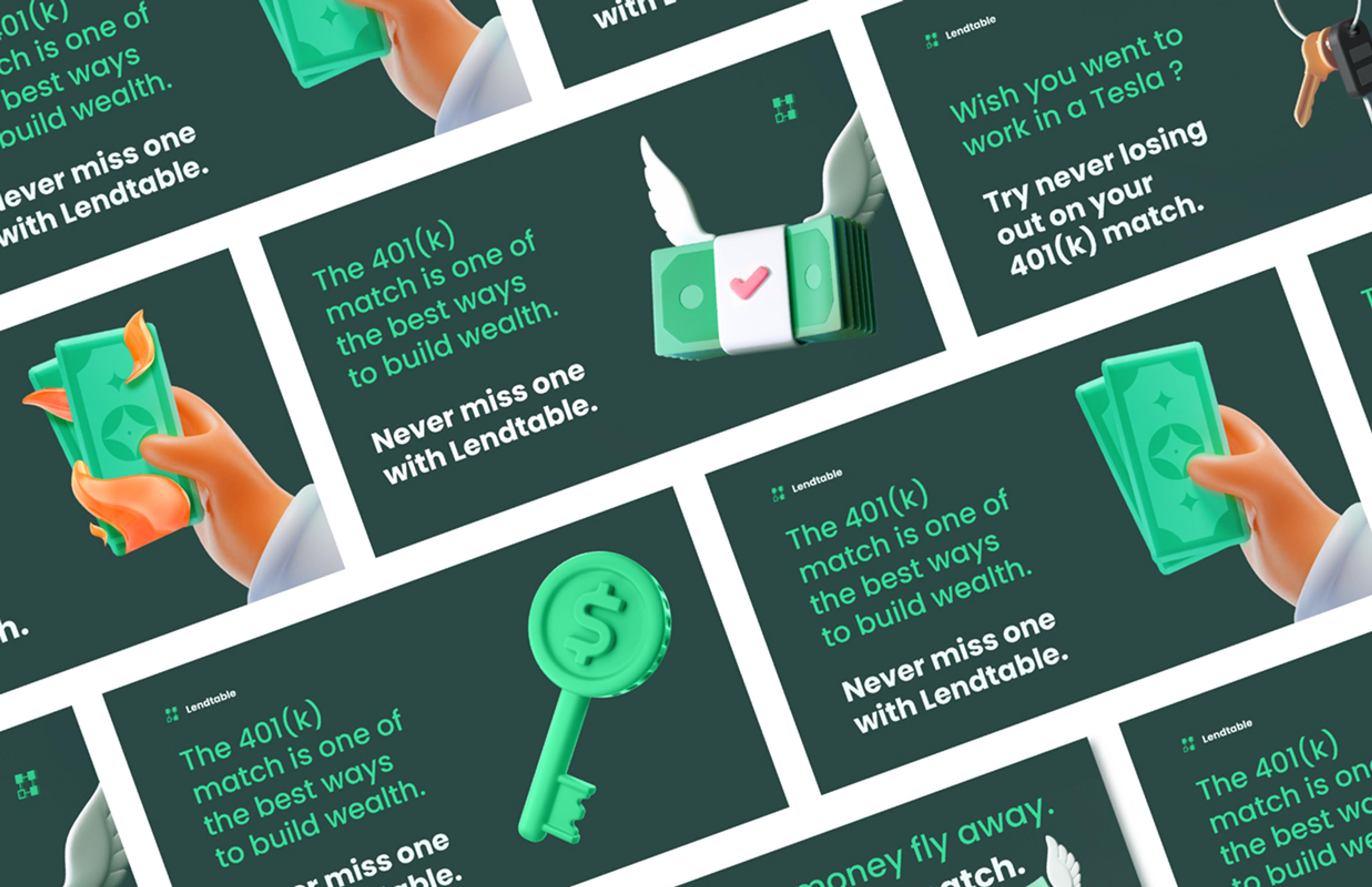 Mehrere digitale Werbeanzeigen von Lendtable mit grüner Hintergrundfarbe, 3D-Grafiken von Geldscheinen und Text über die Vorteile eines 401(k) Matches.