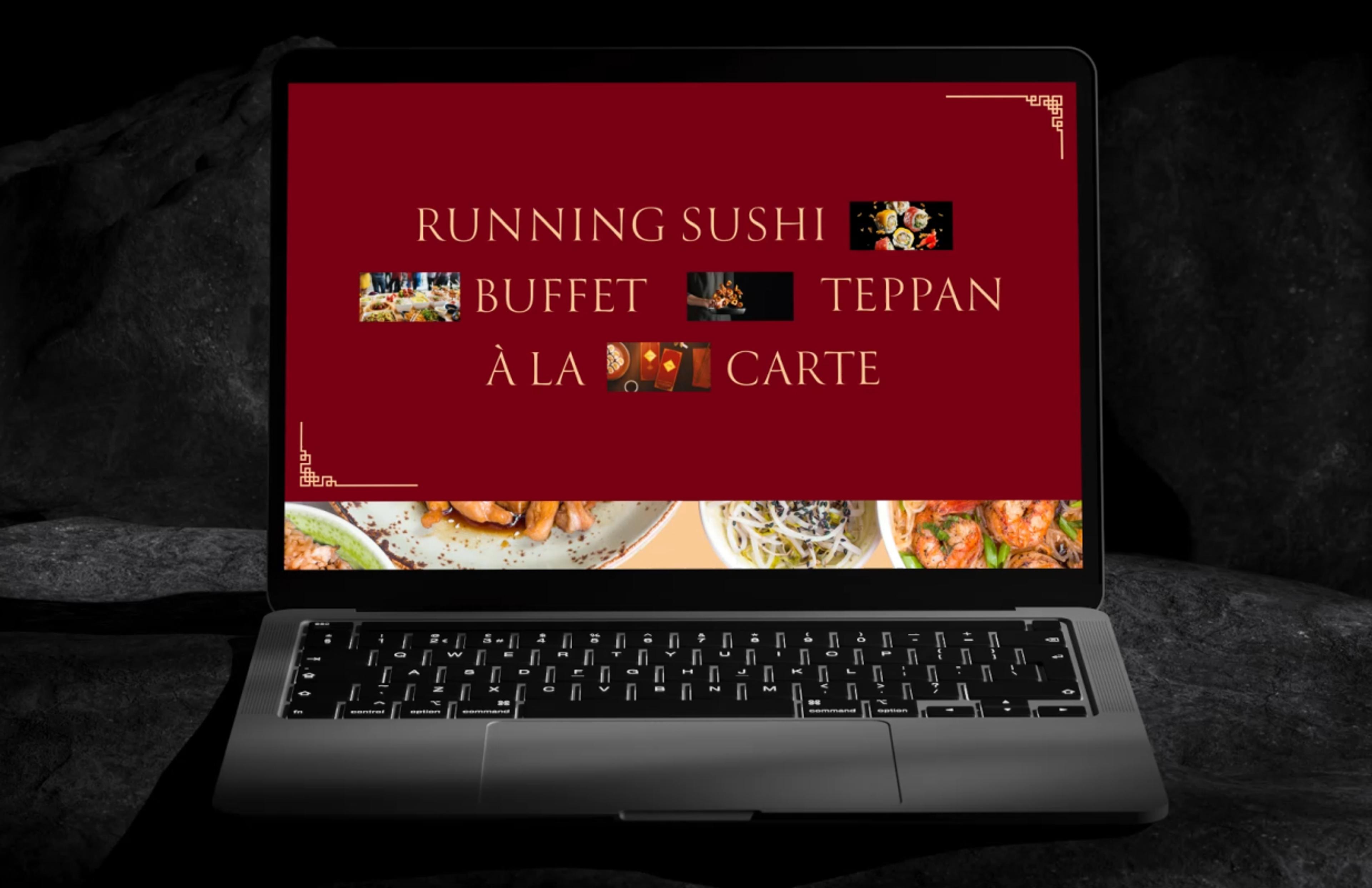 Laptop-Bildschirm mit einer roten Menü-Gestaltung des Kilin Restaurants, das Running Sushi, Buffet, Teppanyaki und À-la-carte-Gerichte anbietet.