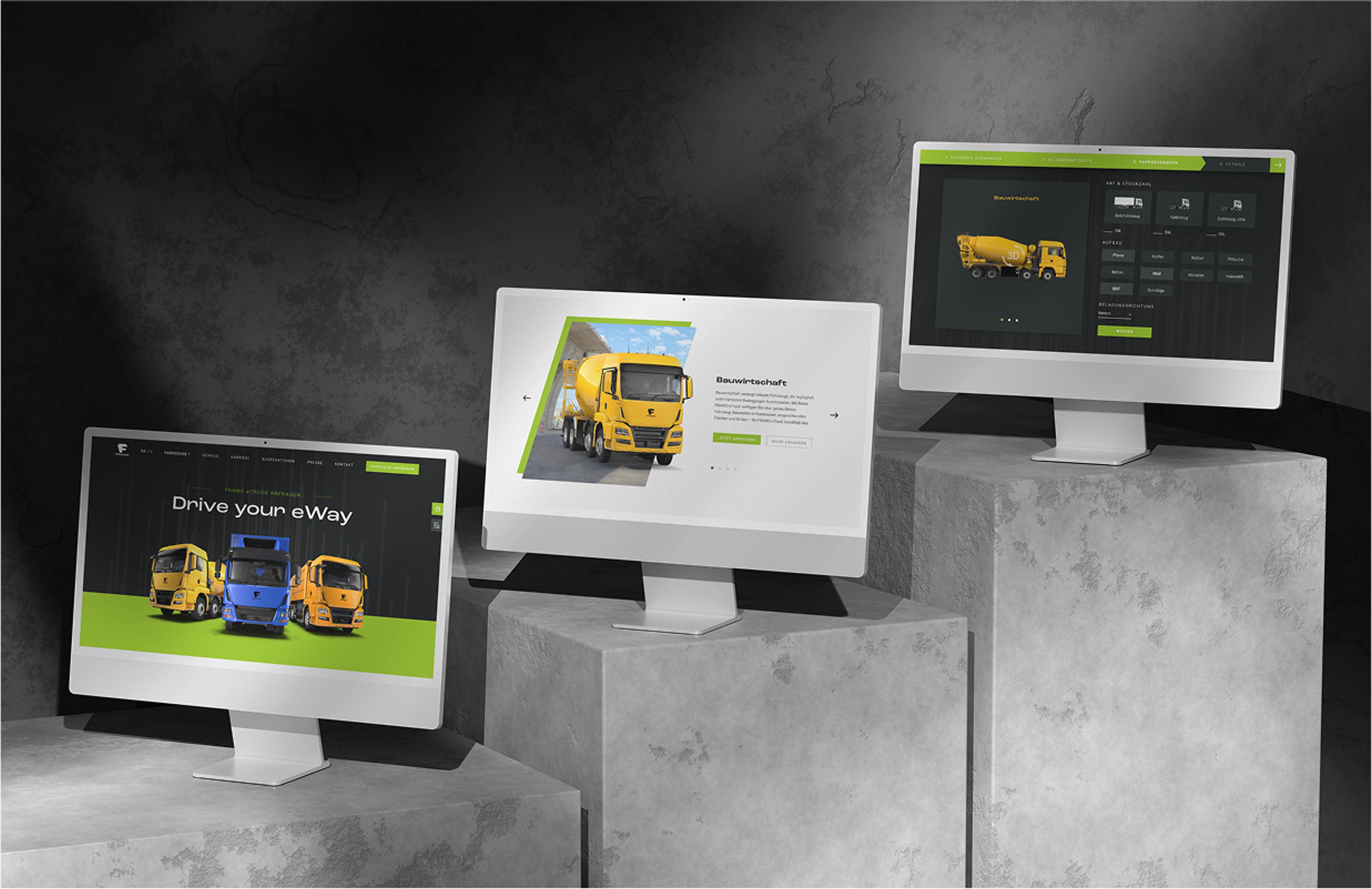 Moderne Website für Framo eTrucks mit dynamischem Design, optimiert für eine benutzerfreundliche Navigation und eine visuelle Präsentation der Fahrzeuge.