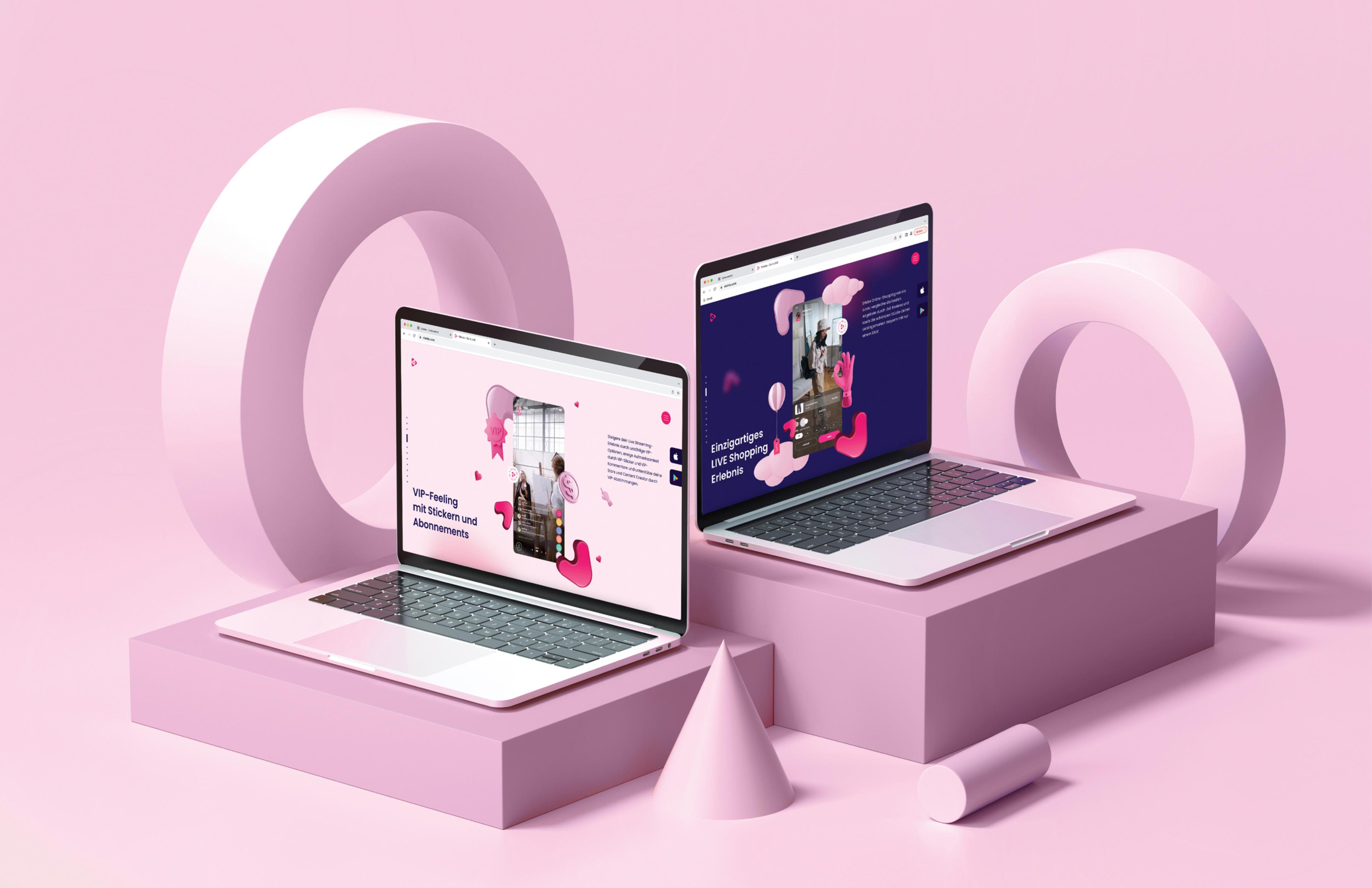 Zwei Laptops präsentieren die moderne Vinivia-Website mit einzigartigen Animationen und stilvollem Design in einer rosa geometrischen Kulisse – Unerwartet Design