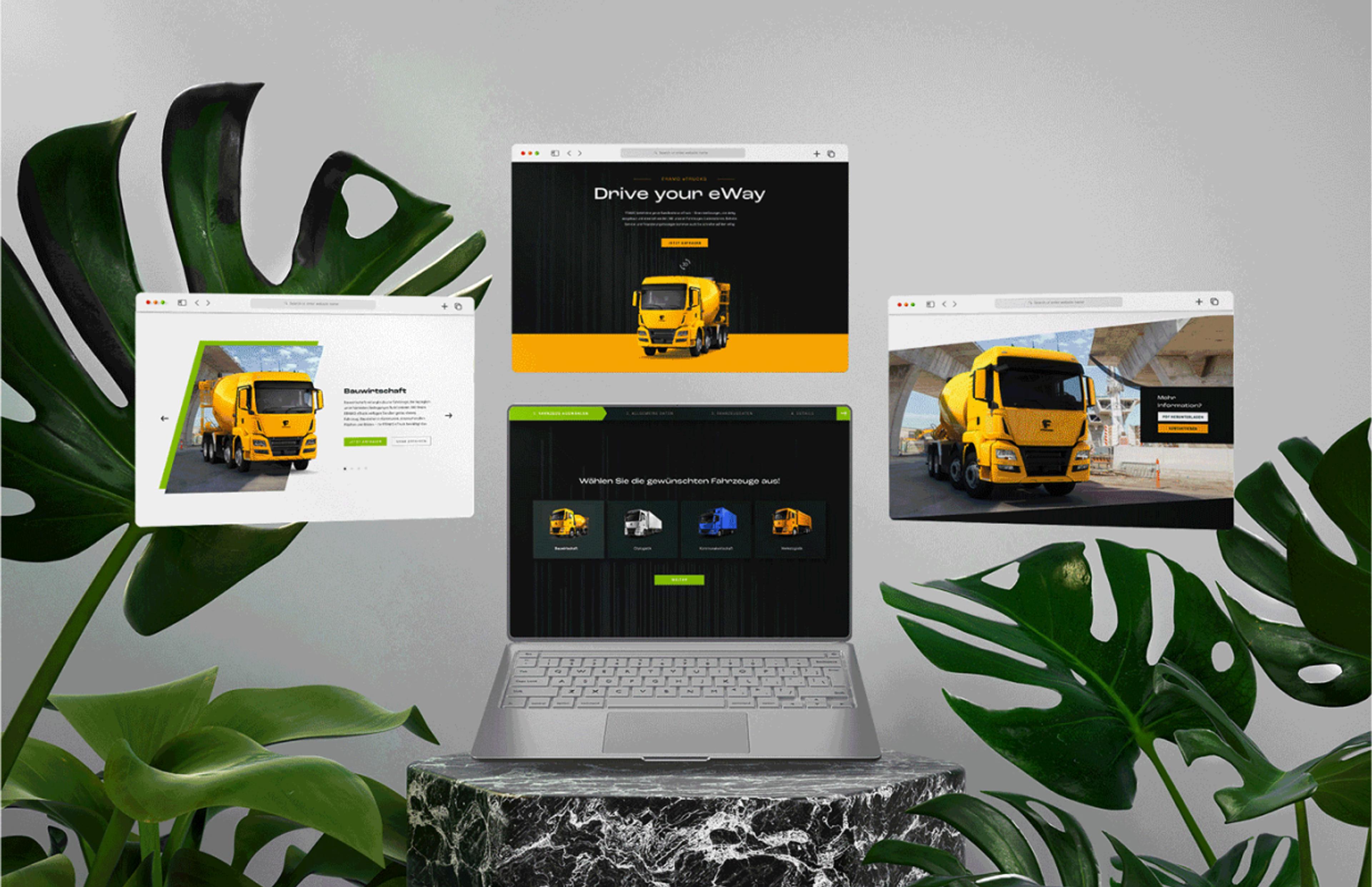 Dark Mode Website-Design für Framo eTrucks mit modernen UI-Elementen, grünen Akzenten und detaillierten Informationen über elektrische Nutzfahrzeuge.