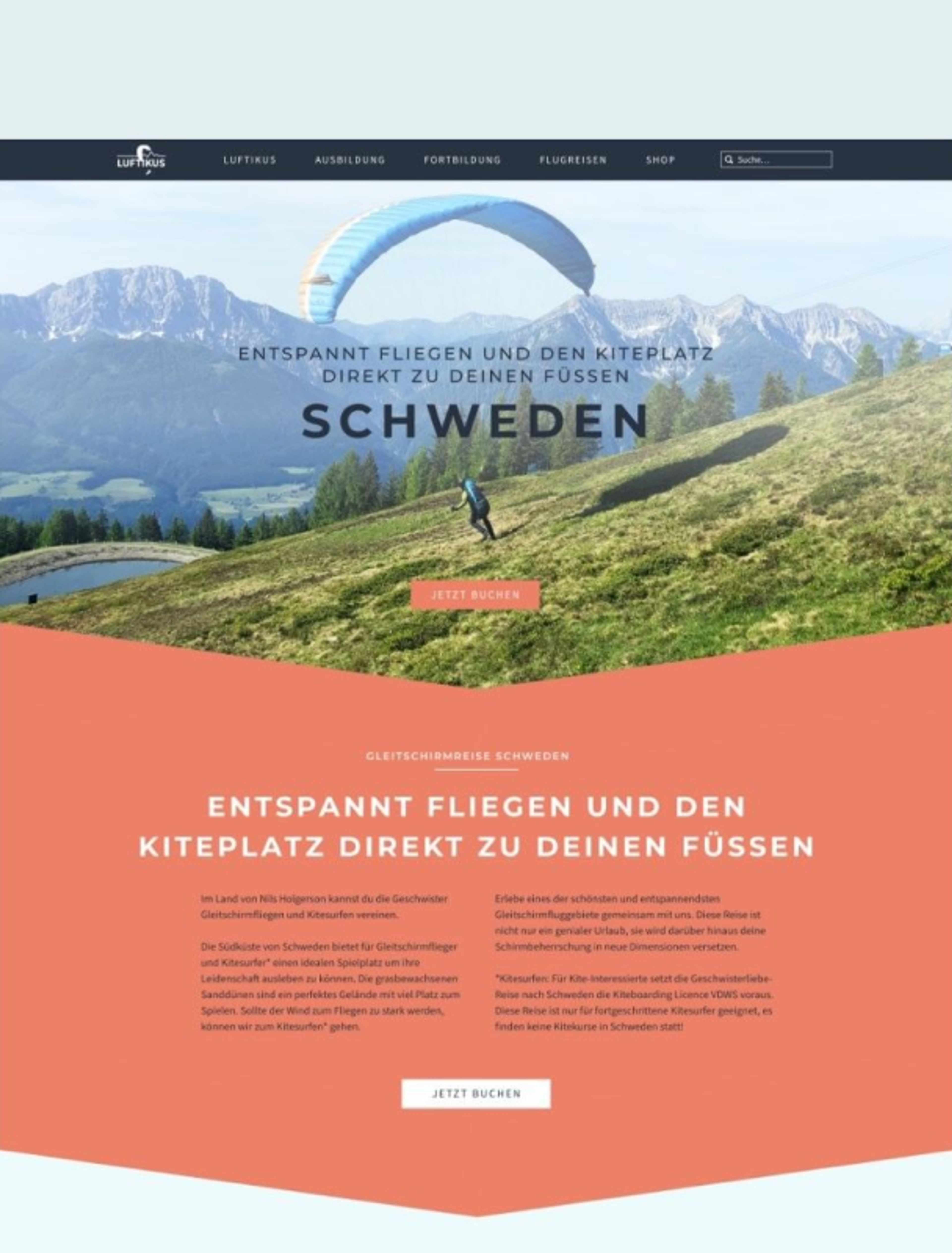 Webseite der Gleitschirmschule Luftikus mit Details zu einer Gleitschirmreise nach Schweden, gestaltet von Unerwartet Design.