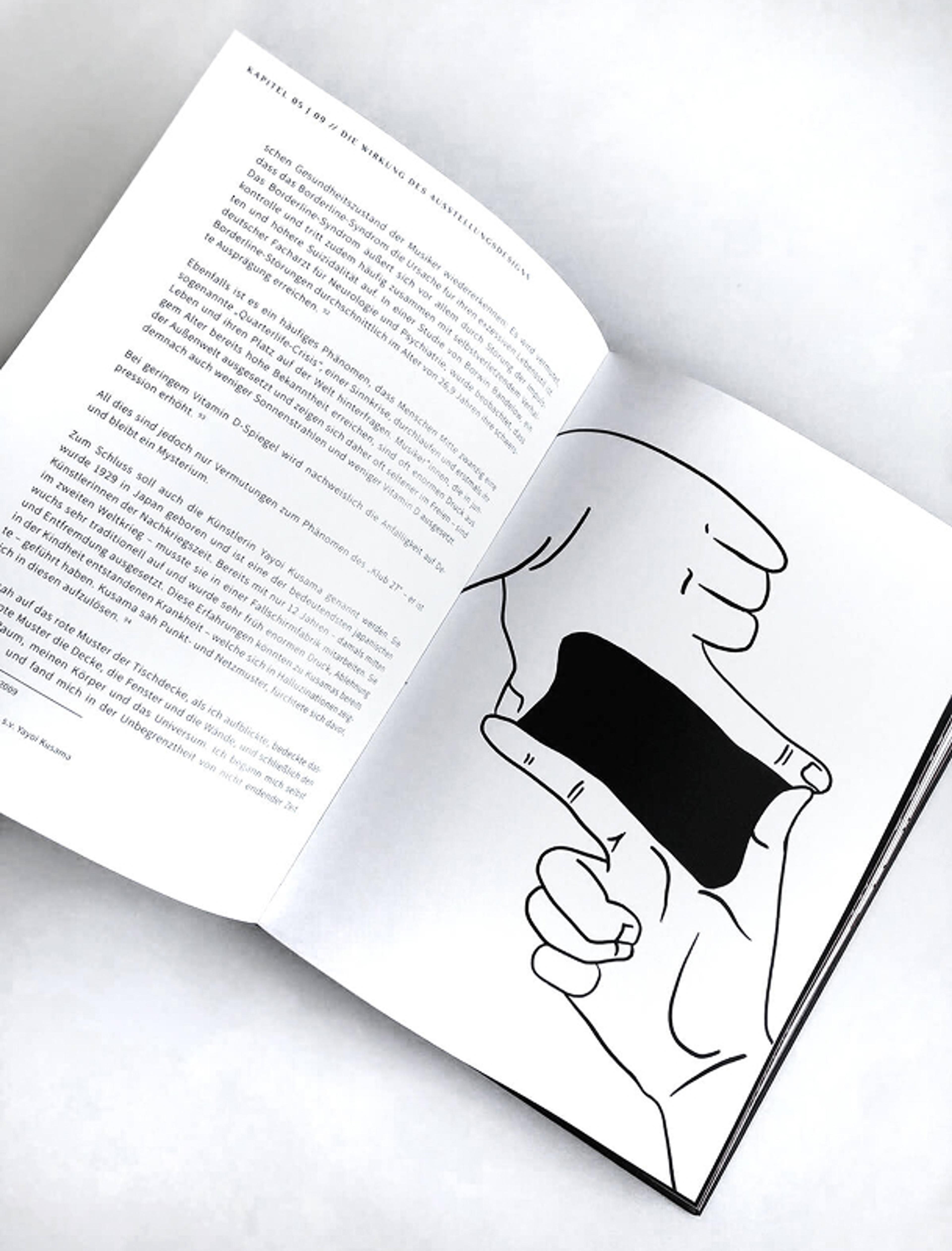 Eine Buchseite mit einem schwarz-weißen Strichmännchen-Illustrationsstil, auf der zwei Hände eine dunkle, klaffende Lücke zwischen den Fingern halten. Symbolisiert mentale Leere oder den gesellschaftlichen Blick auf psychische Erkrankungen.