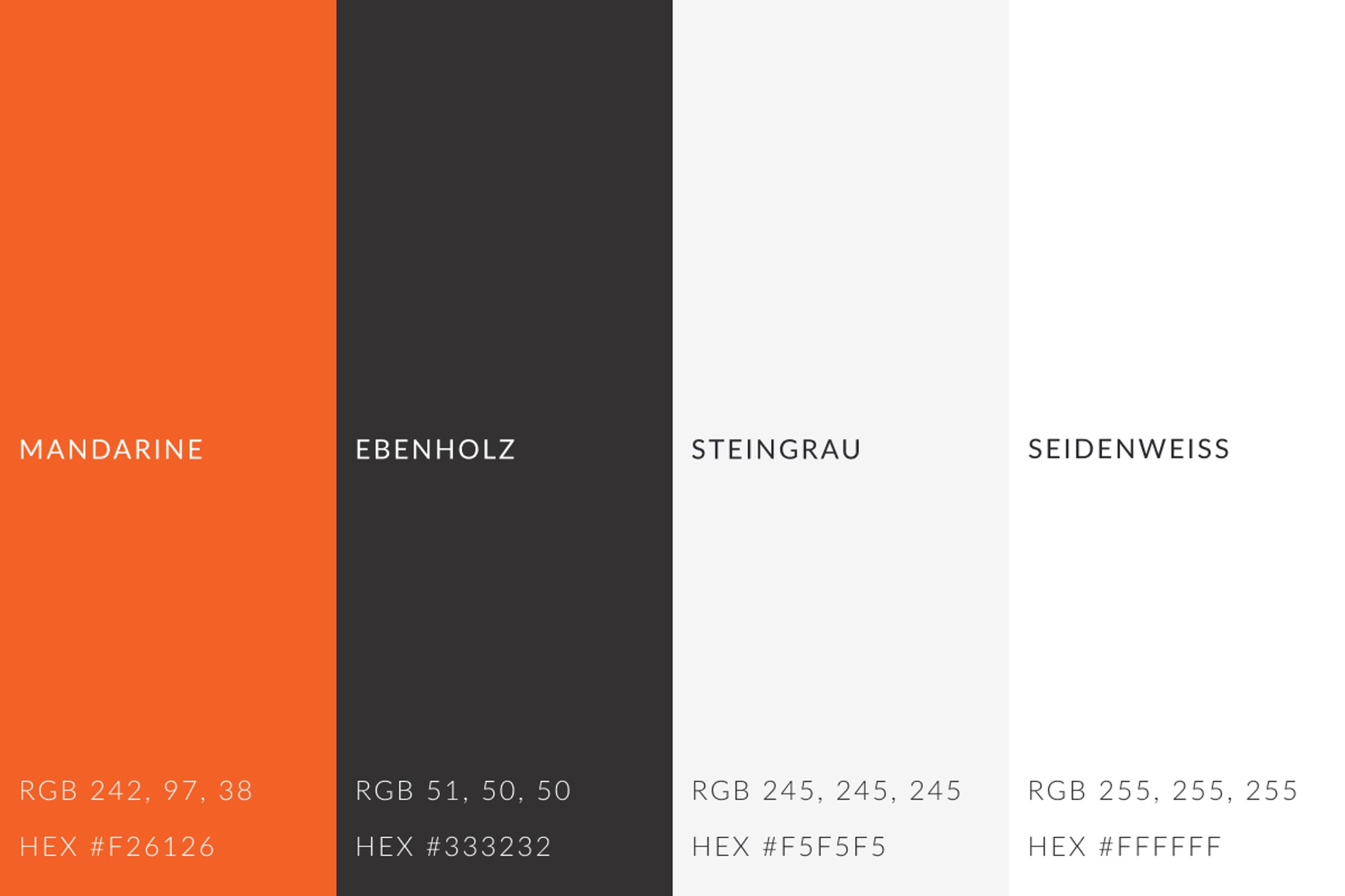 Farbenpalette für den Corporate Language Leitfaden von Unerwartet Design, mit den Farben Mandarin, Ebony, Stone und Silk.