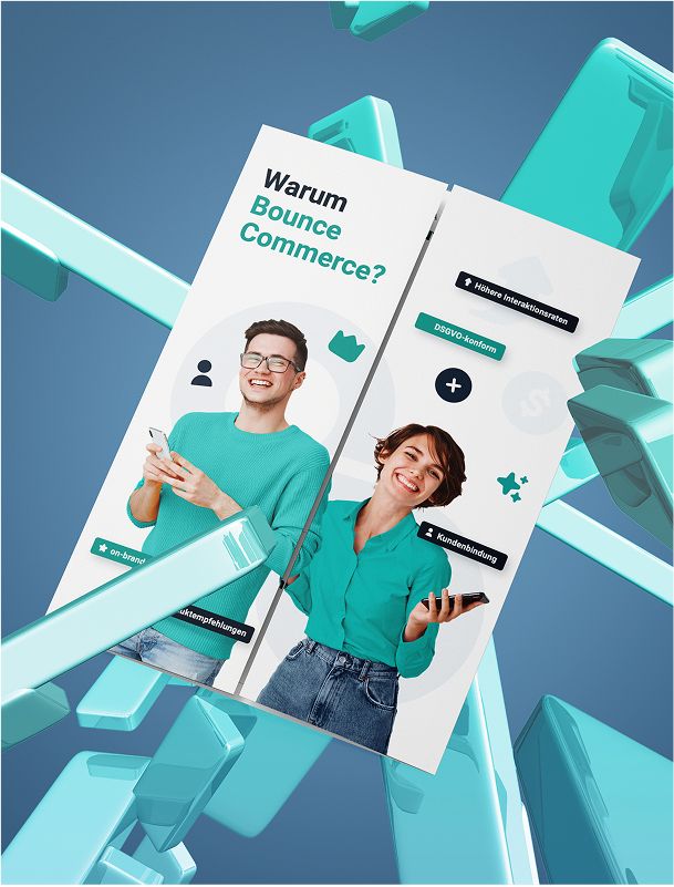 Faltbroschüre für Bounce Commerce, mit Fokus auf Kundenbindung, DSGVO-Konformität und individualisierte Produktempfehlungen für E-Commerce.