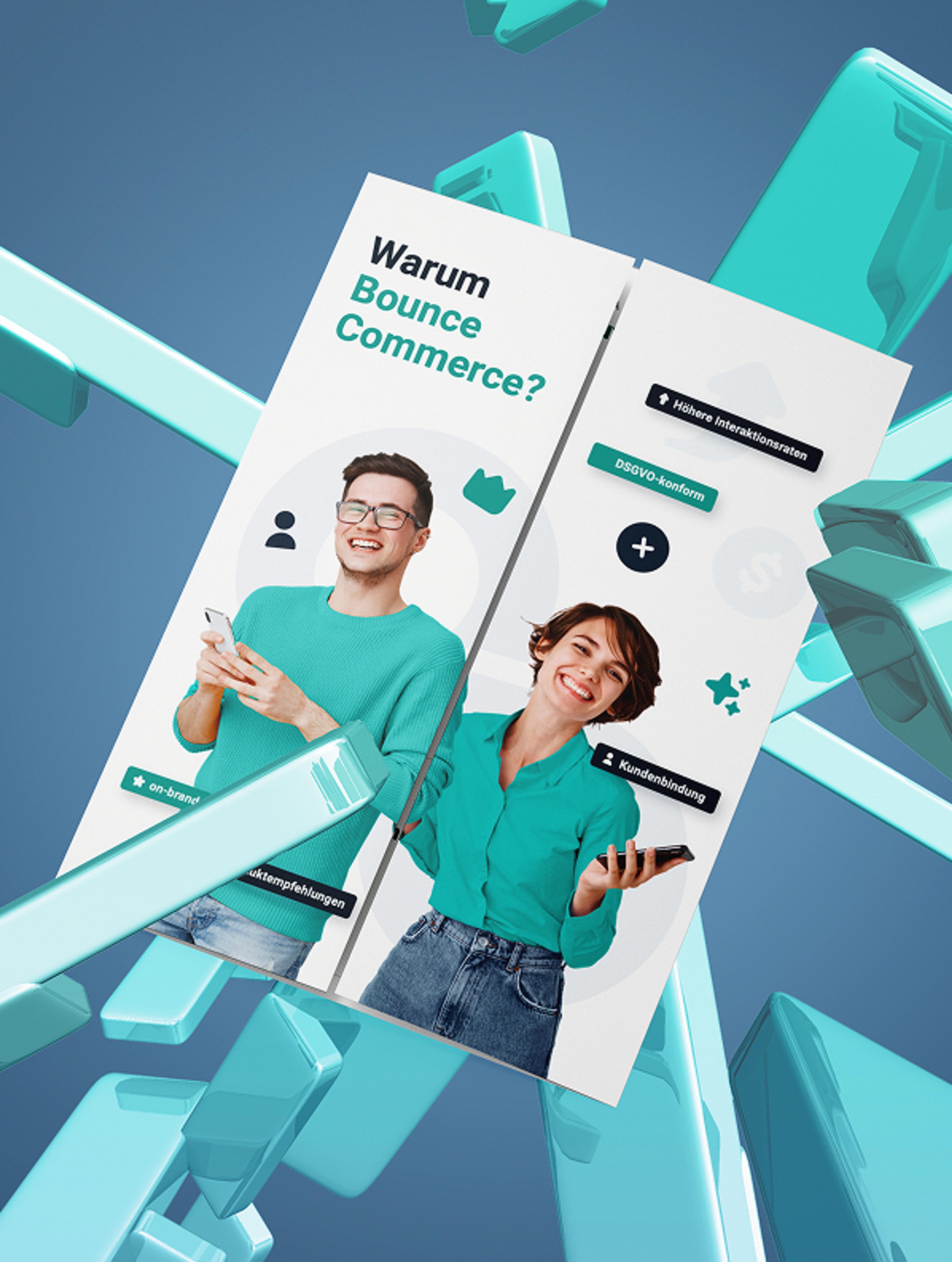 Faltbroschüre für Bounce Commerce, mit Fokus auf Kundenbindung, DSGVO-Konformität und individualisierte Produktempfehlungen für E-Commerce.
